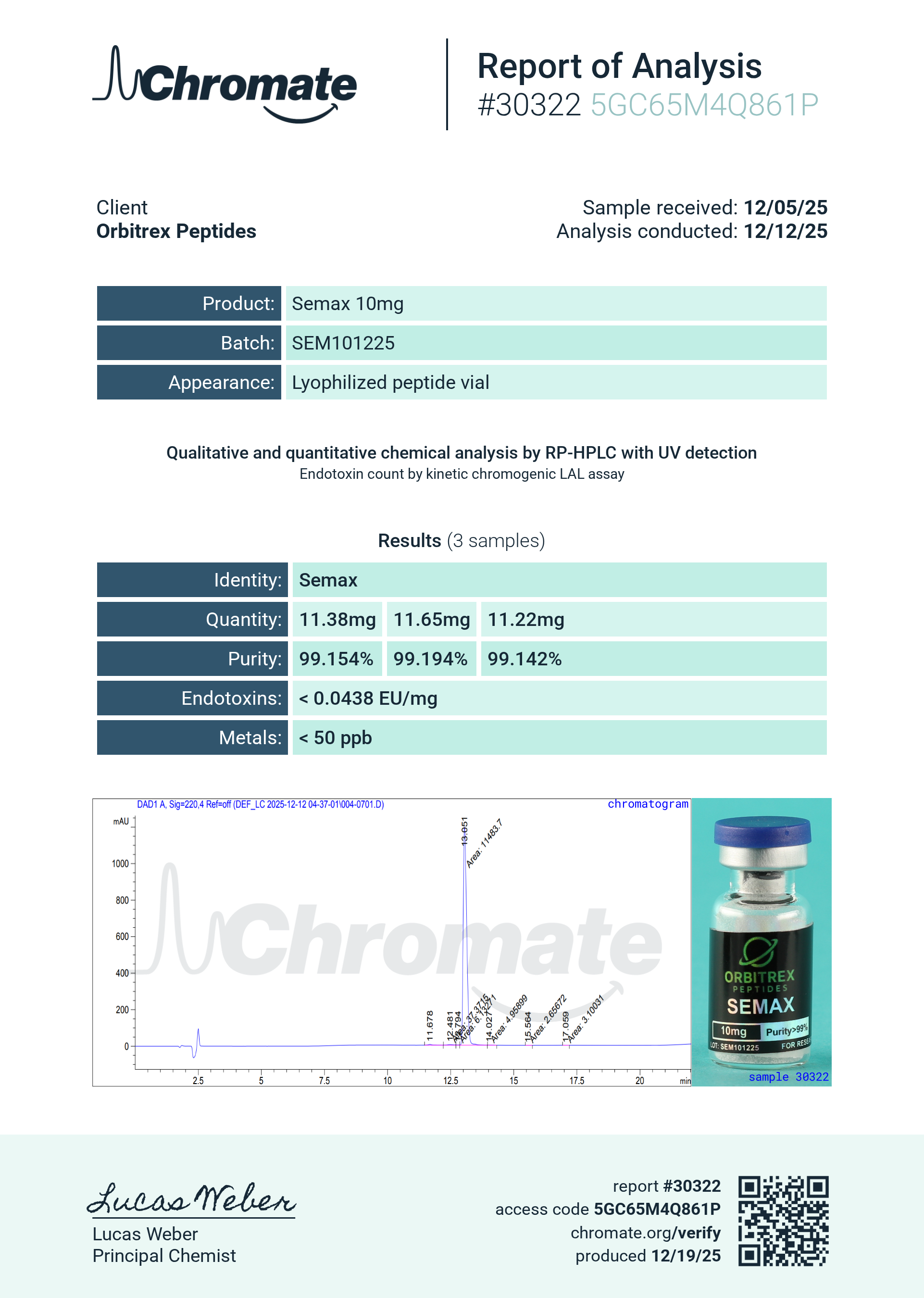 Certificate of Analysis for Semax 10mg from Orbitrex Peptides