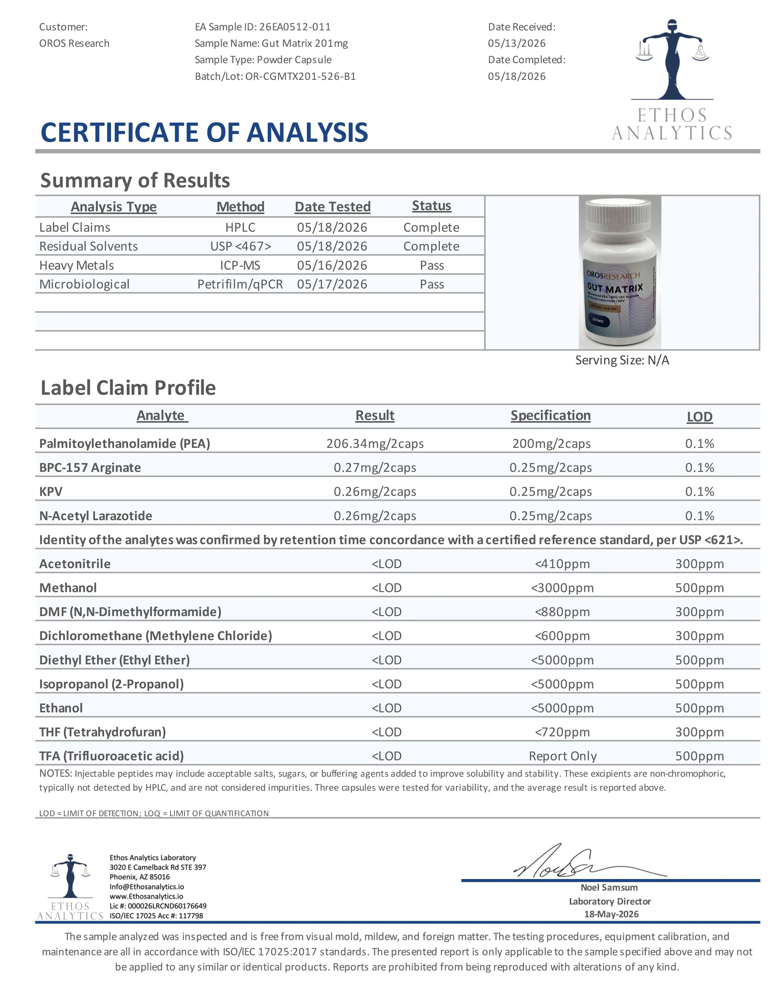 Certificate of Analysis for Gut Matrix from Oros Research