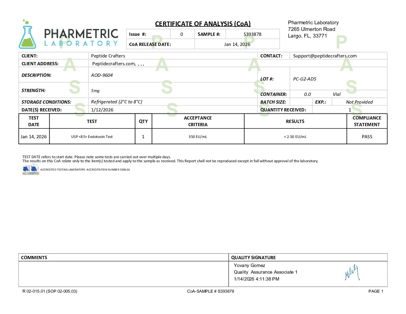 Certificate of Analysis for AOD-9604 (5mg) – New Clear Non-Gel Formula from Peptide Crafters