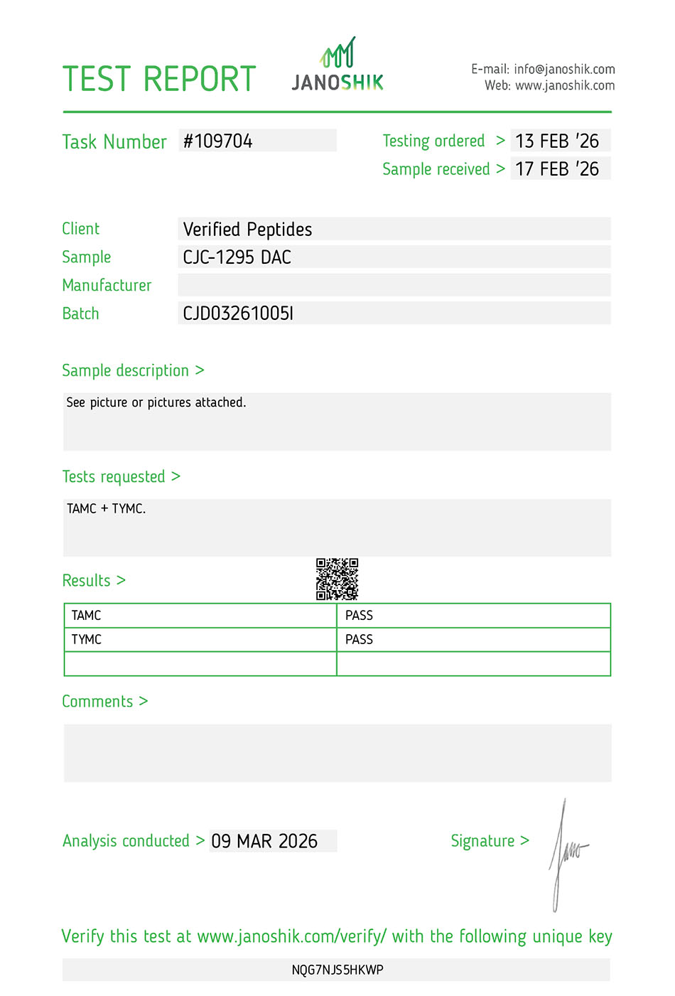 Certificate of Analysis for CJC-1295 DAC Peptide (5MG) from Verified Peptides