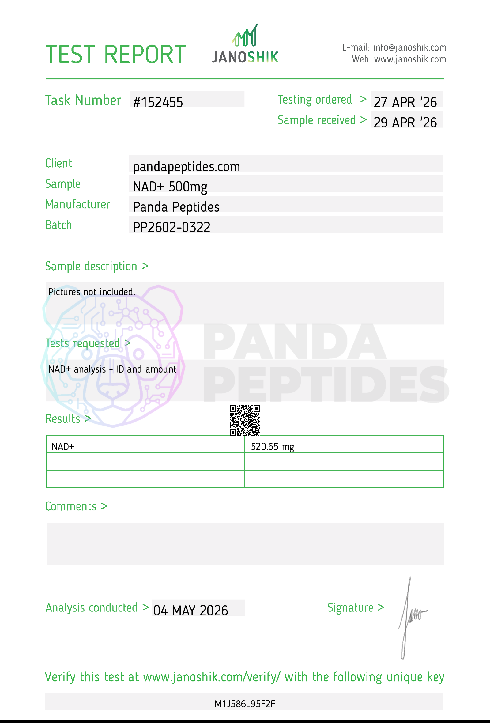 Certificate of Analysis for NAD+ 500mg from Panda Peptides