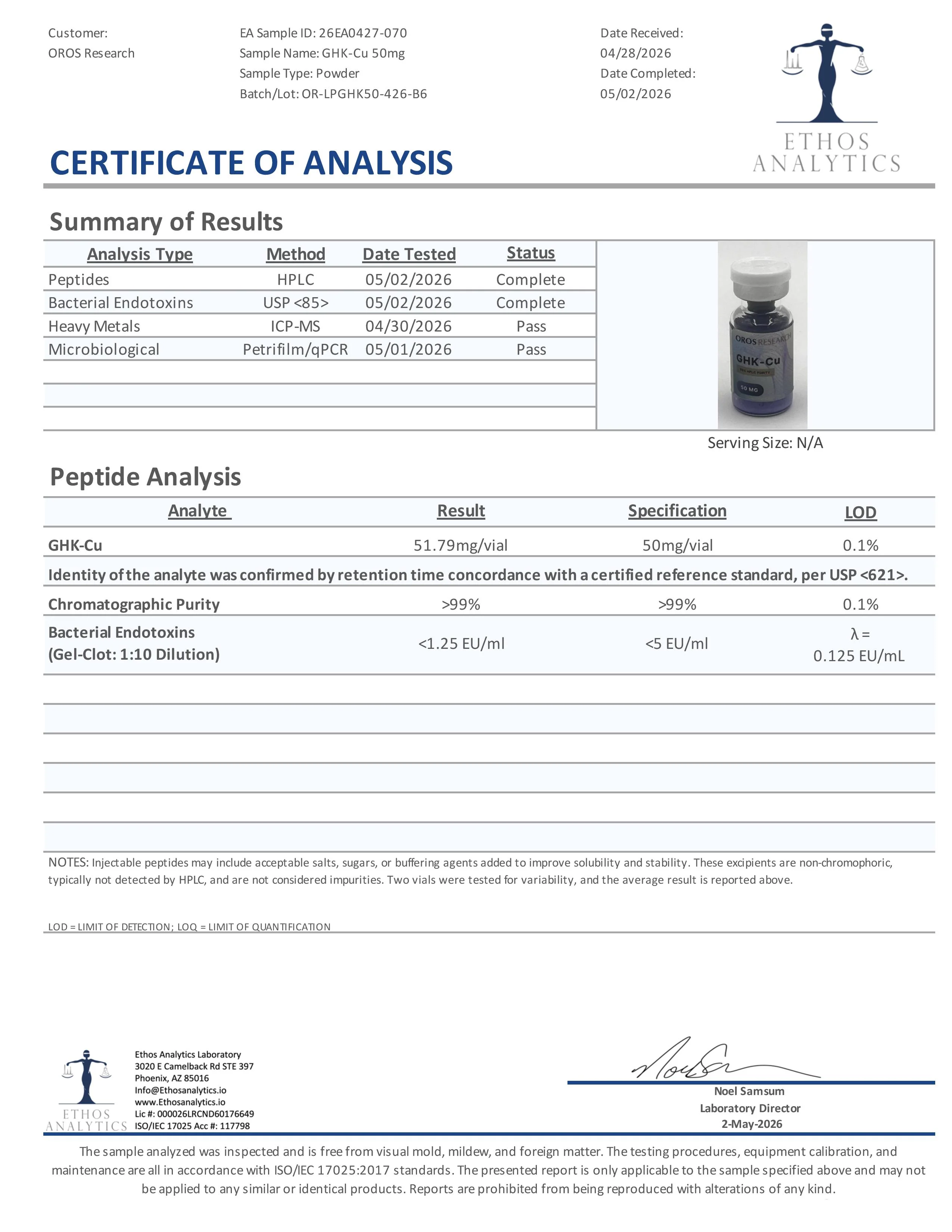 Certificate of Analysis for GHK-Cu from Oros Research