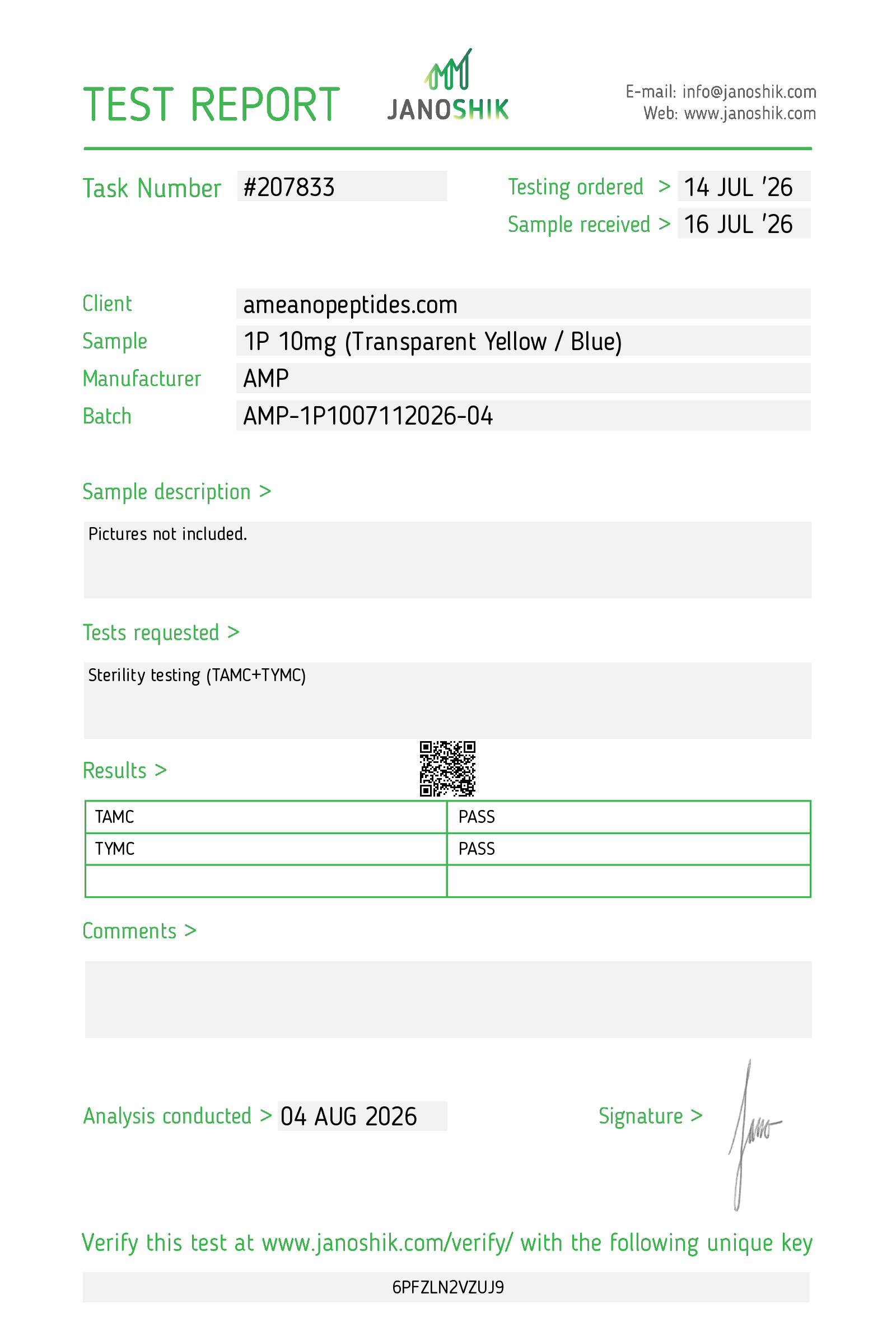 Certificate of Analysis for AMP-1P 10mg from Ameano Peptides