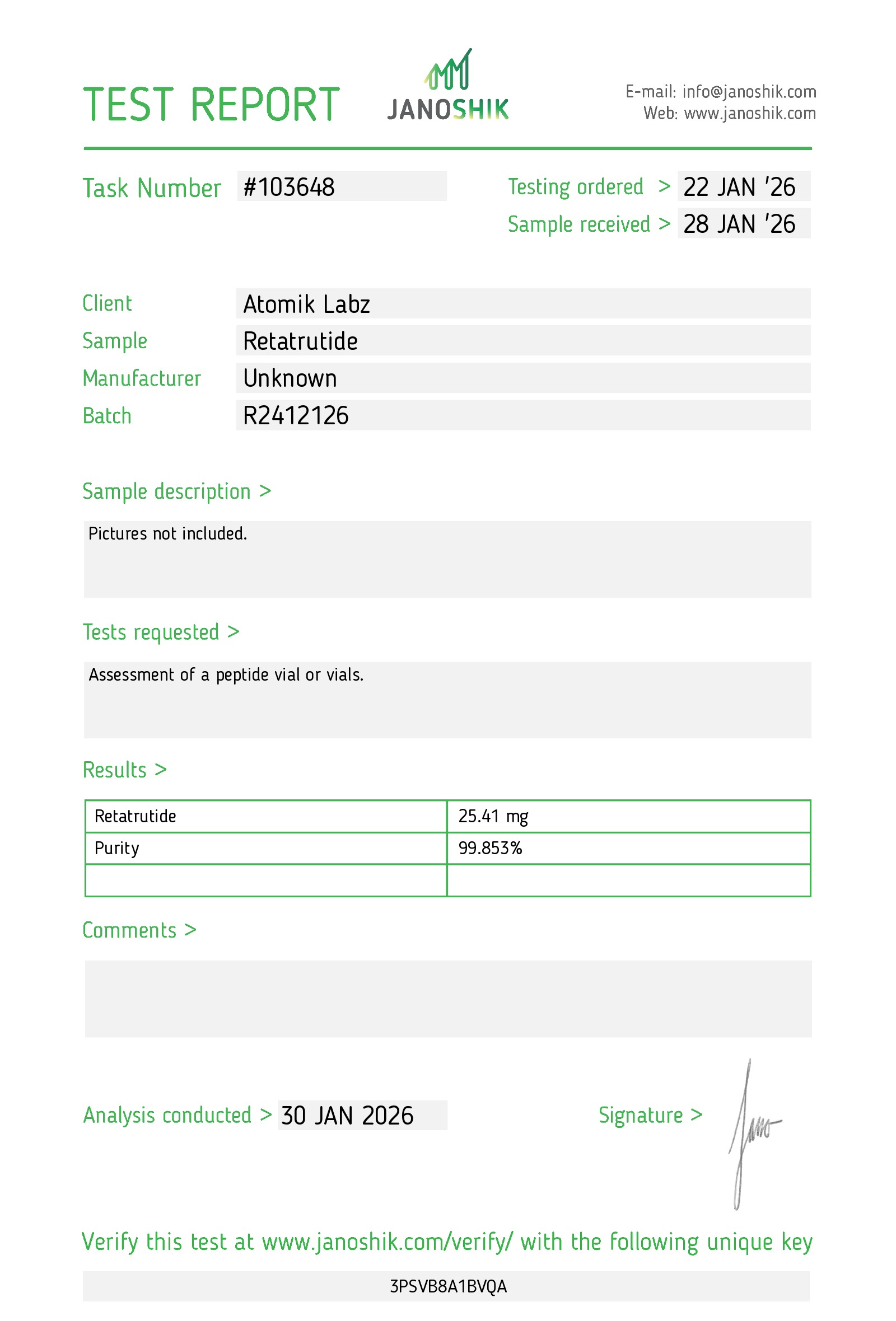 Certificate of Analysis for Retatrutide from Atomik Labz