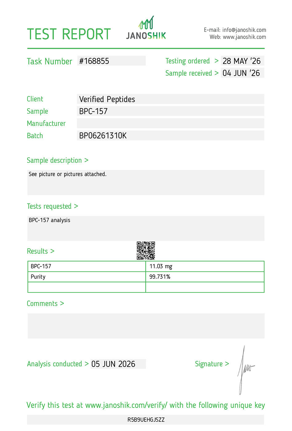 Certificate of Analysis for BPC-157 Peptide (10MG) from Verified Peptides