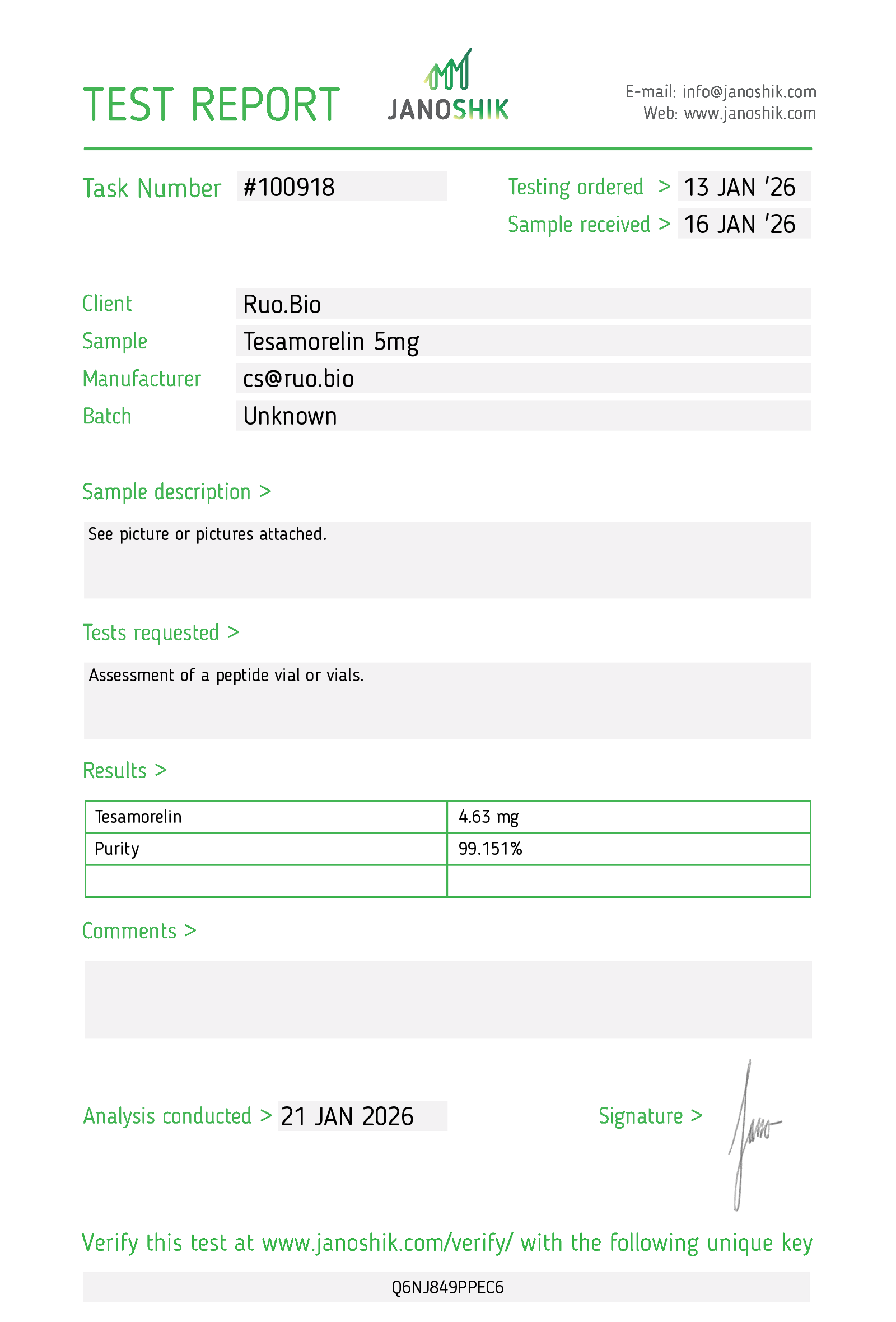 Certificate of Analysis for Tesamorelin (5mg) from RUO