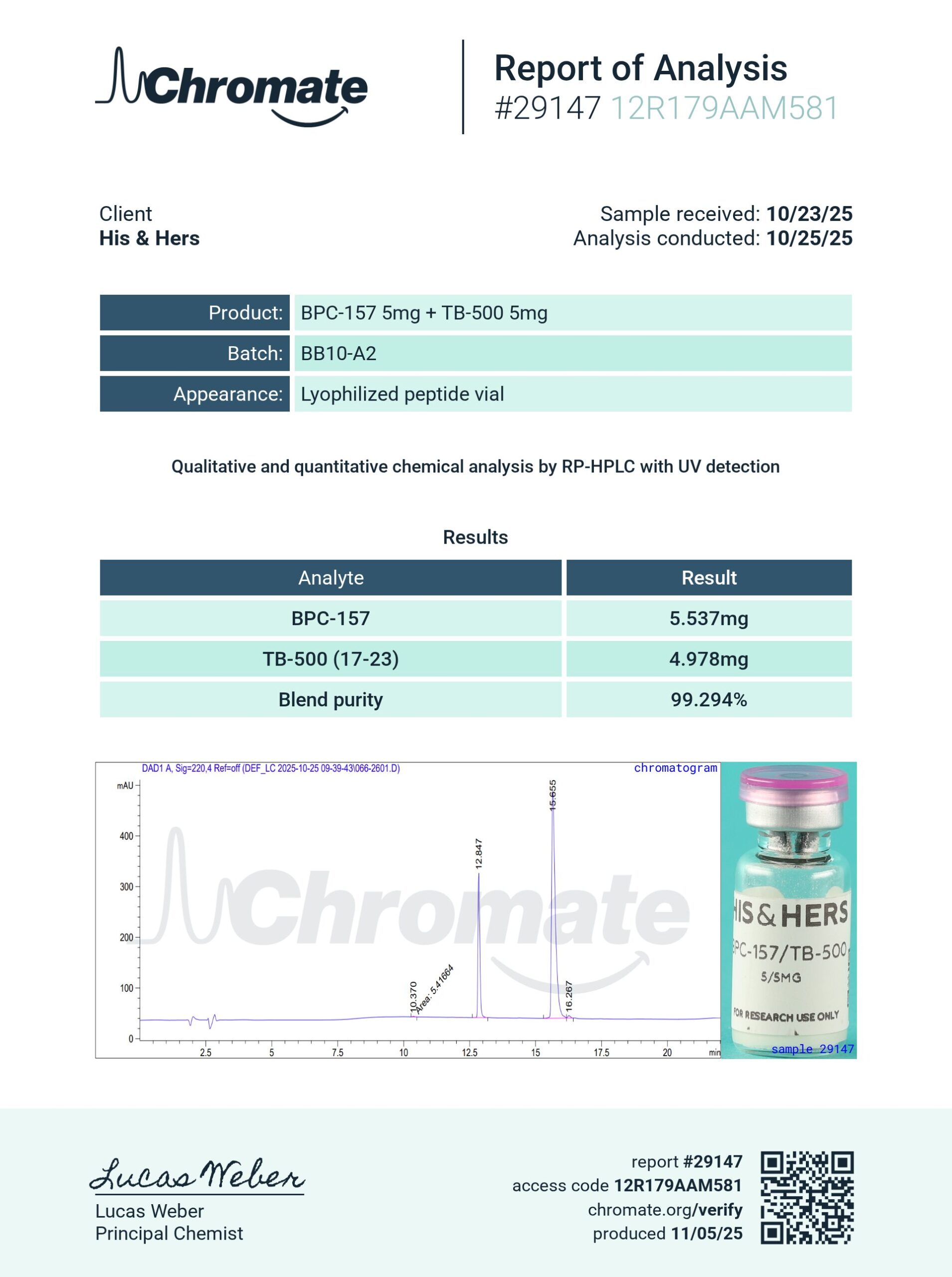 Certificate of Analysis for BPC-157 5mg + TB-500 5mg from VAYN