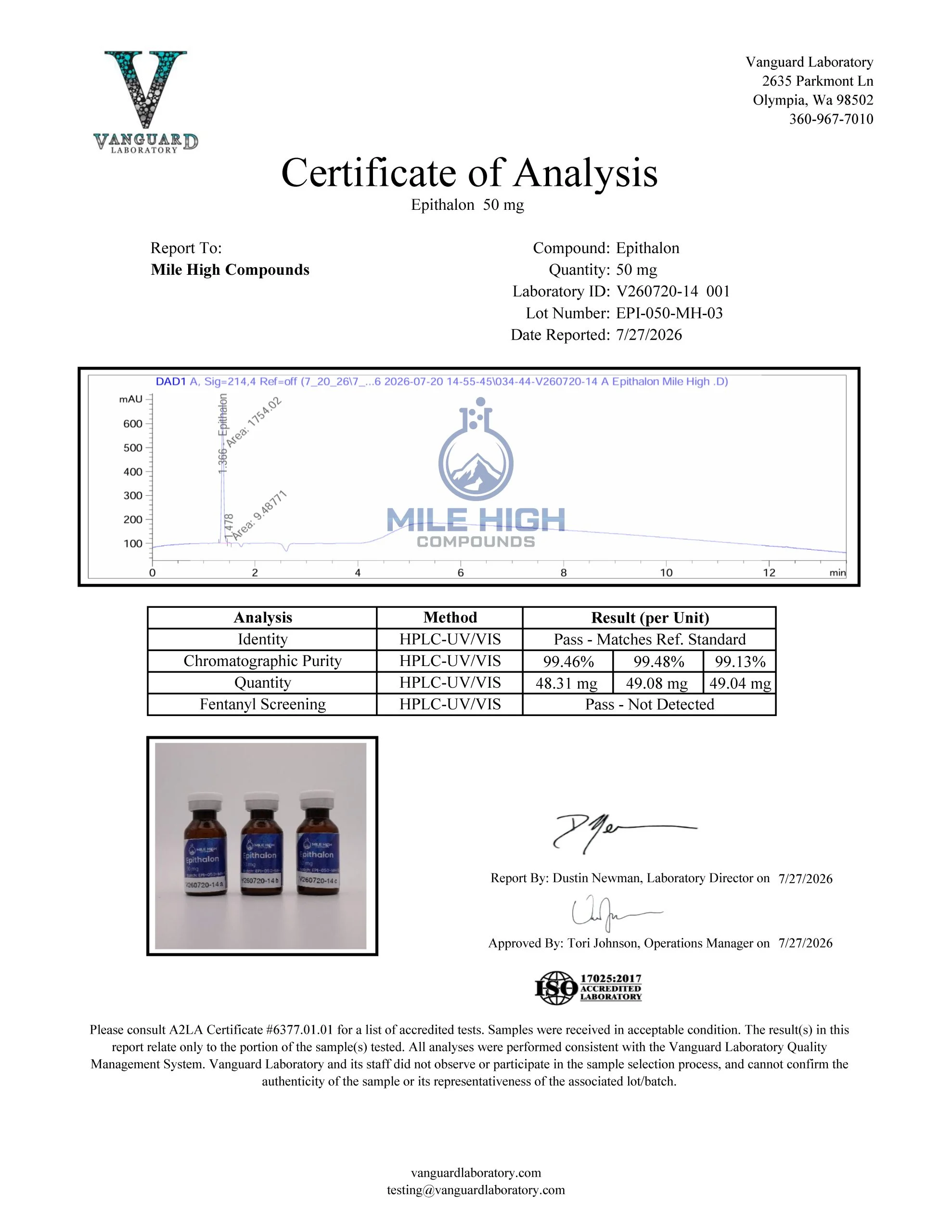 Certificate of Analysis for Epithalon from Mile High Compounds