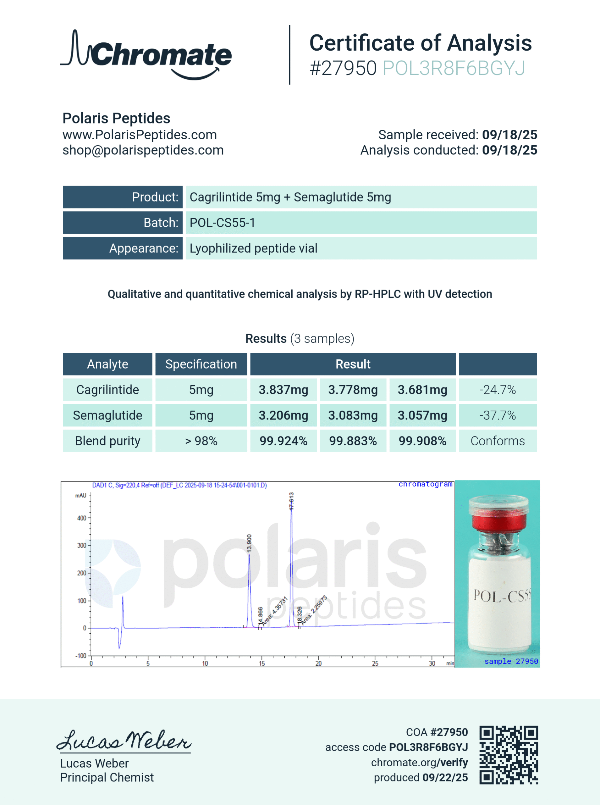 Certificate of Analysis for Cagrilintide 3mg, Semaglutide 3mg Blend (SALE!) from Polaris Peptides