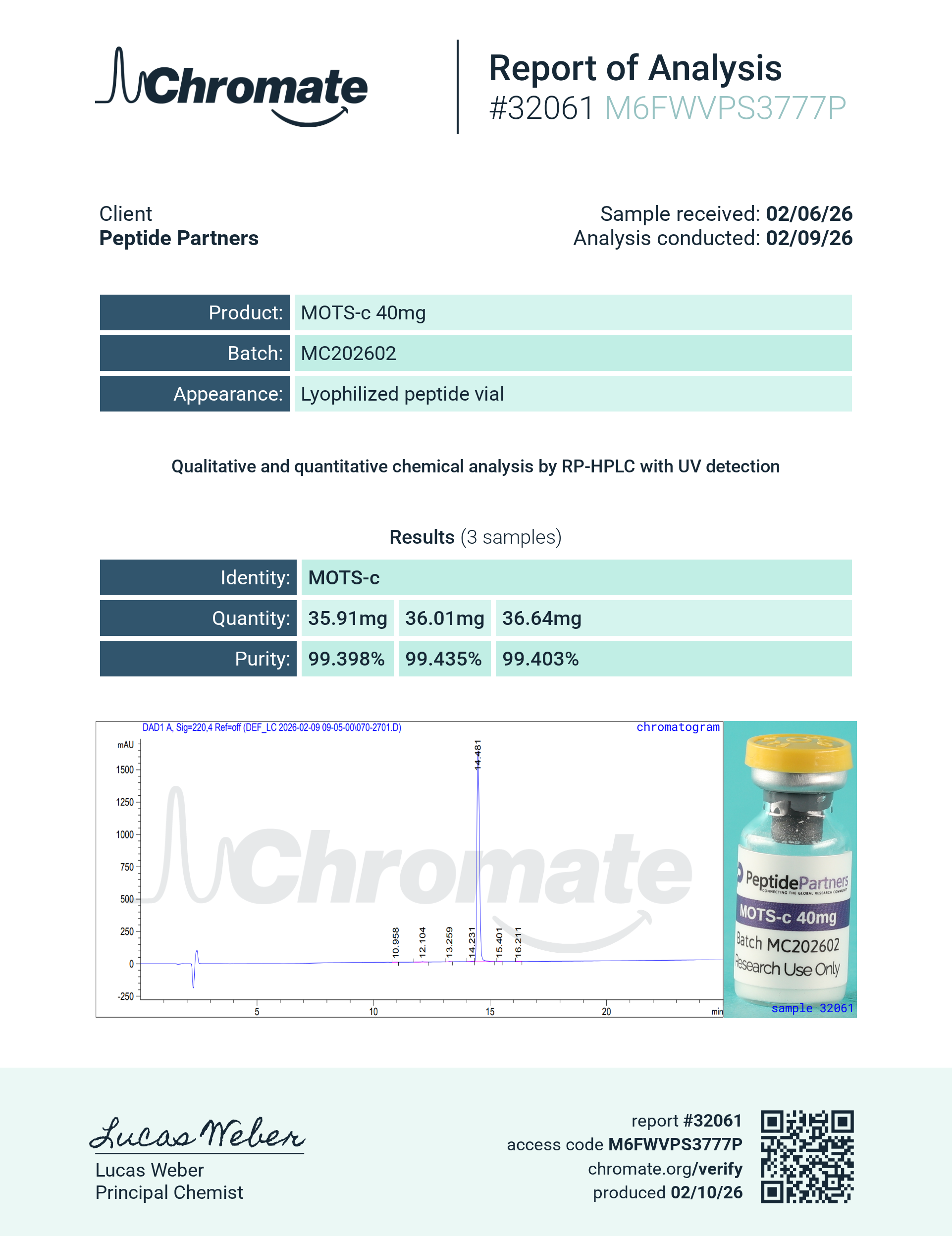 Certificate of Analysis for MOTS-C from Peptide Partners