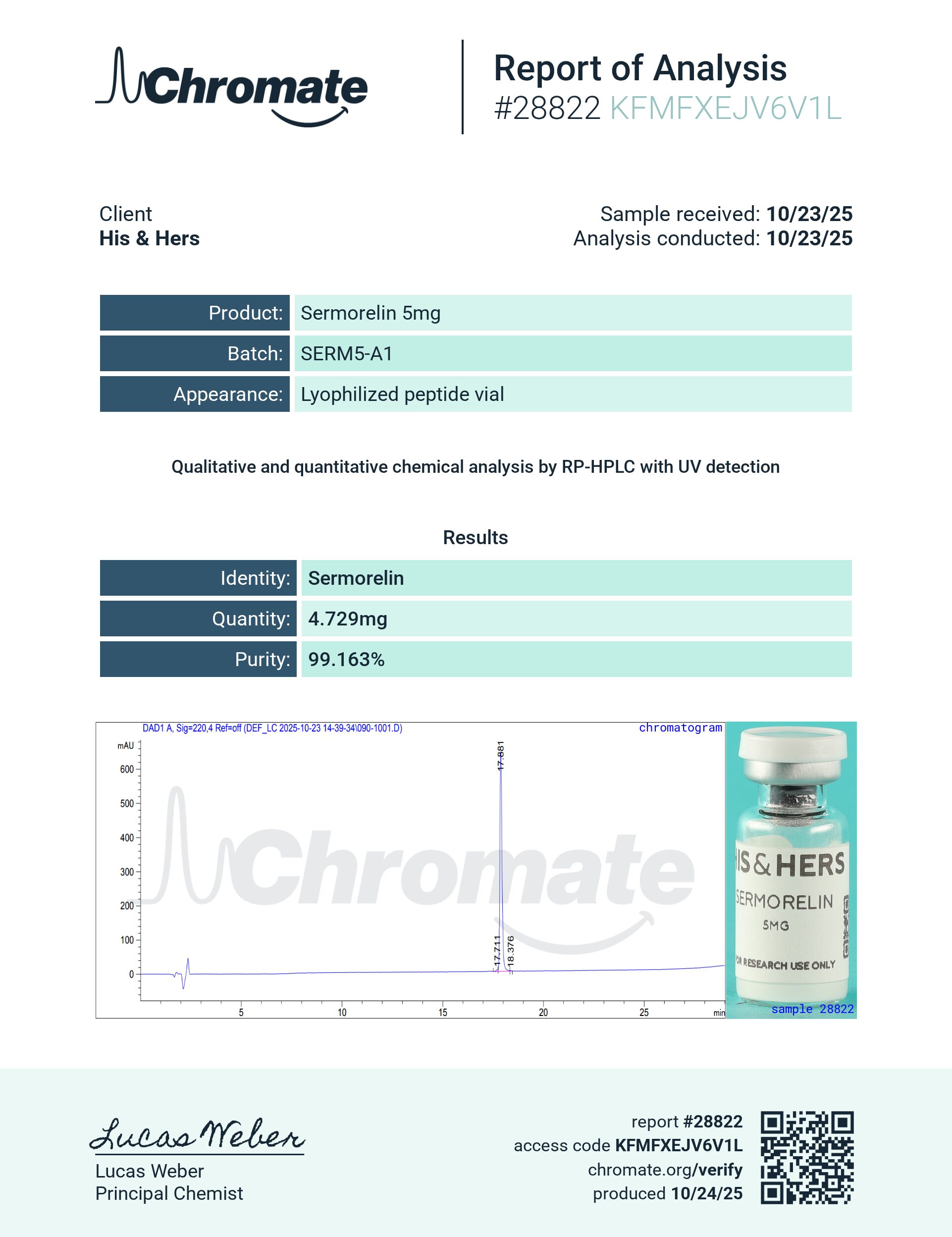 Certificate of Analysis for Sermorelin 5mg from VAYN