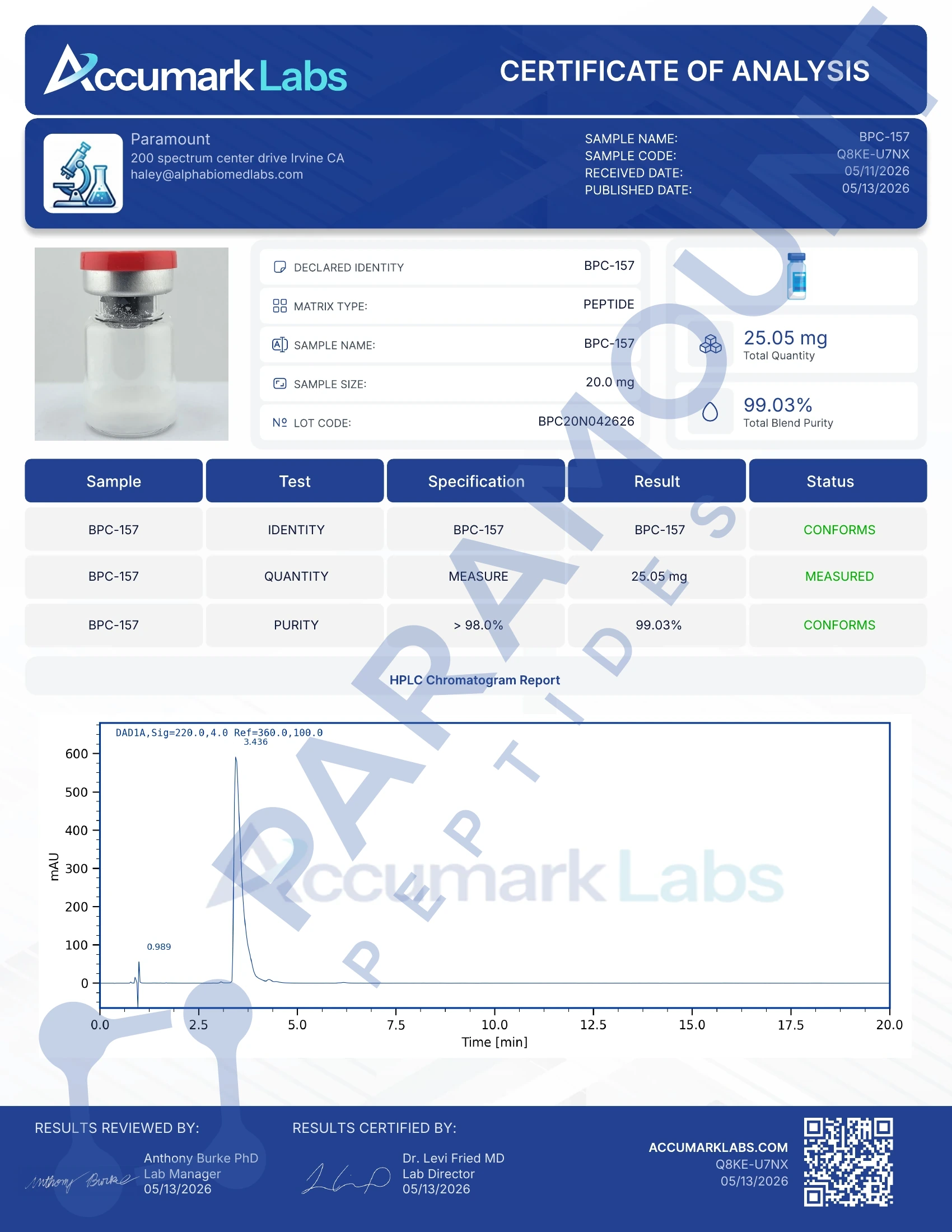 Certificate of Analysis for Buy BPC-157 20mg | Paramount Peptides from Paramount Peptides