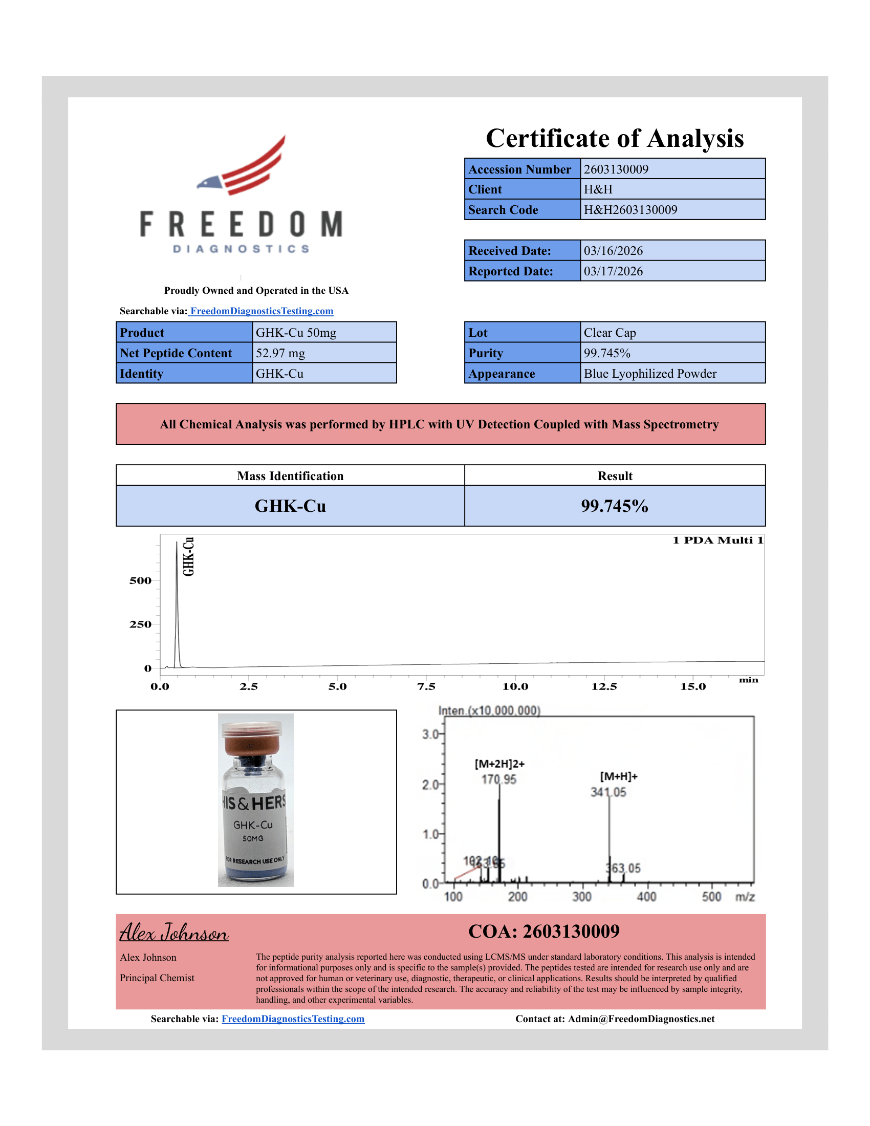 Certificate of Analysis for GHK-Cu 50mg from VAYN
