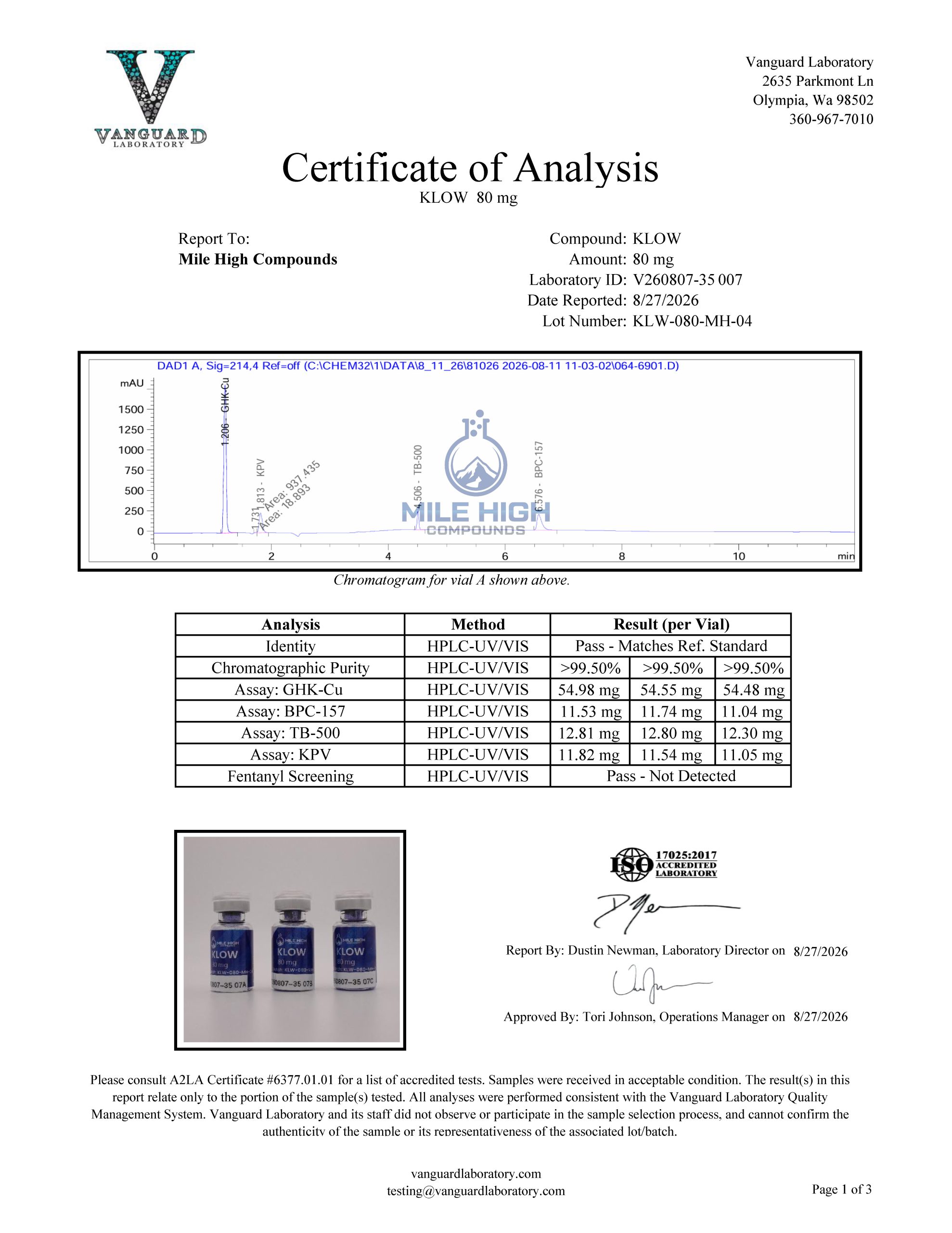 Certificate of Analysis for Klow 80 Blend from Mile High Compounds