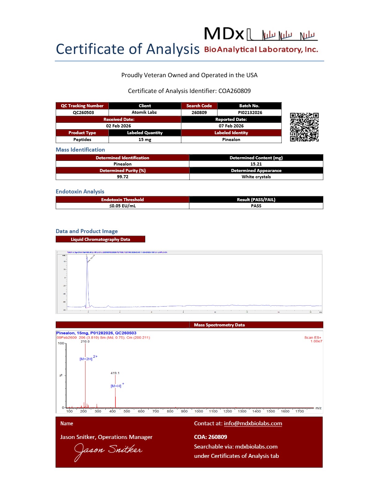 Certificate of Analysis for Pinealon from Atomik Labz