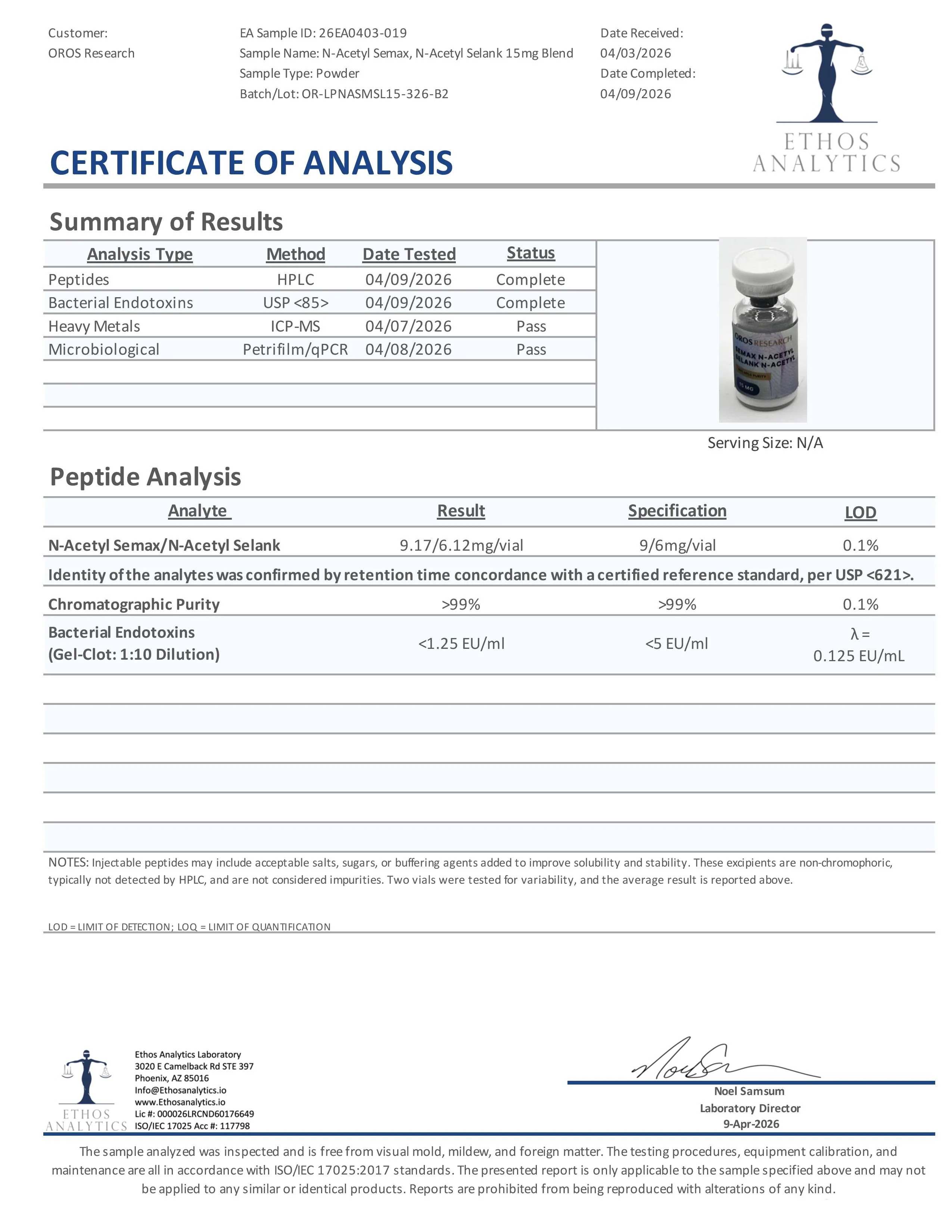 Certificate of Analysis for Semax / Selank N-Acetyl from Oros Research