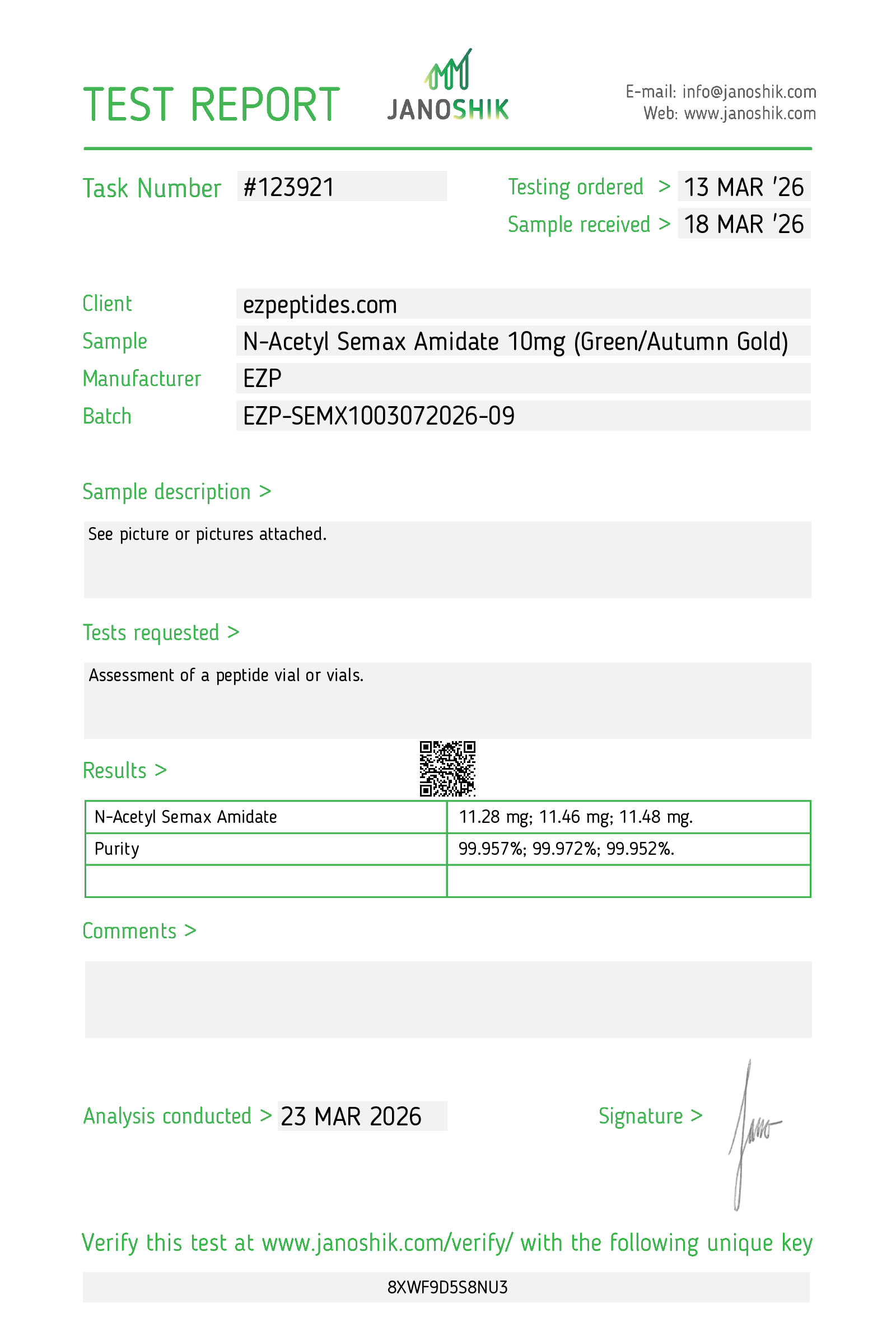Certificate of Analysis for N-Acetyl Semax Amidate 10mg from EZ Peptides