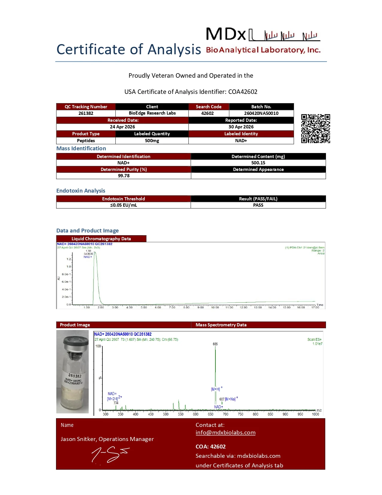 Certificate of Analysis for NAD+ (500mg) from BioEdge Research Labs