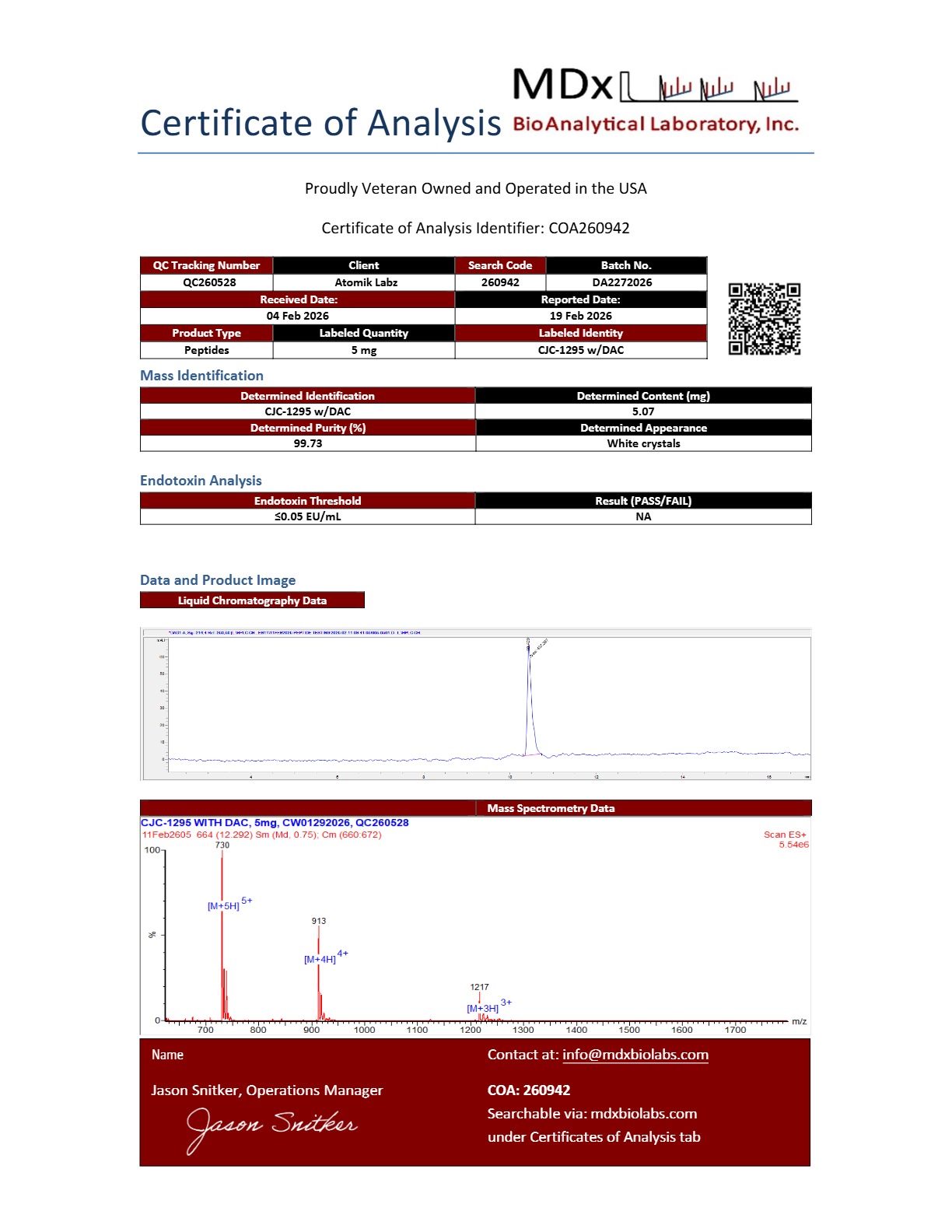 Certificate of Analysis for CJC-1295 with DAC from Atomik Labz