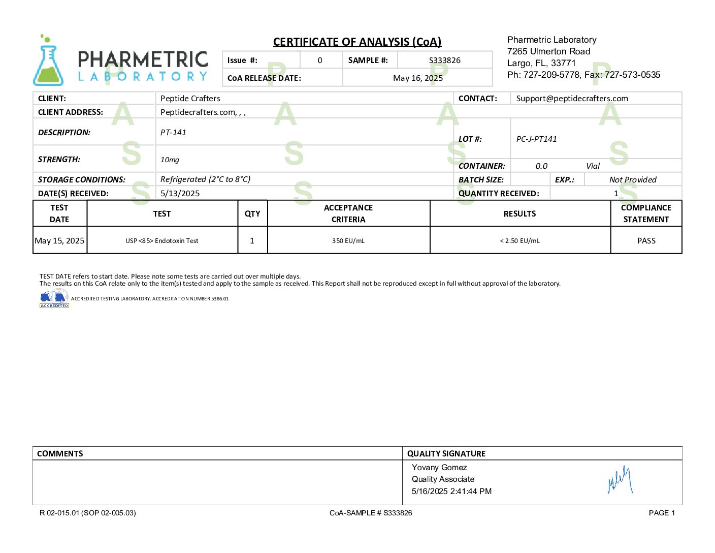 Certificate of Analysis for PT-141 (10mg) from Peptide Crafters
