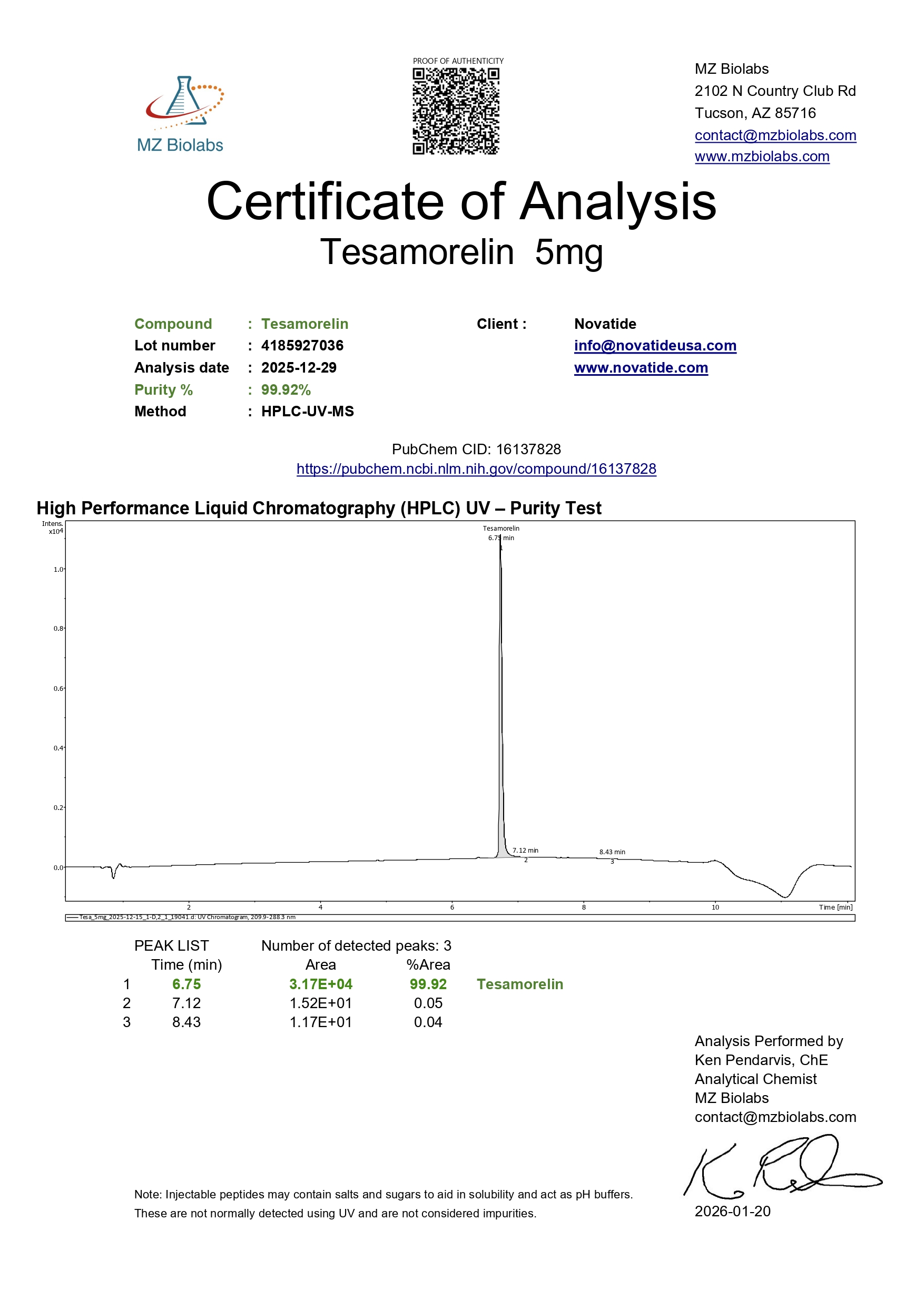 Certificate of Analysis for Tesa 5 mg from Evolve Peptides