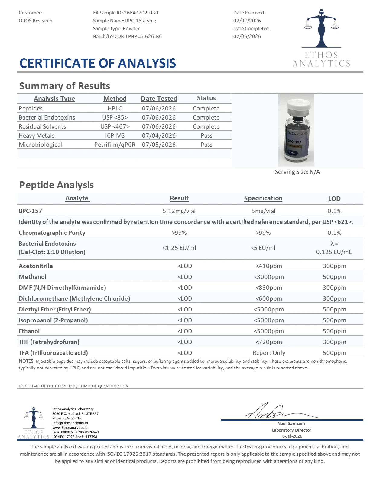 Certificate of Analysis for BPC-157 from Oros Research