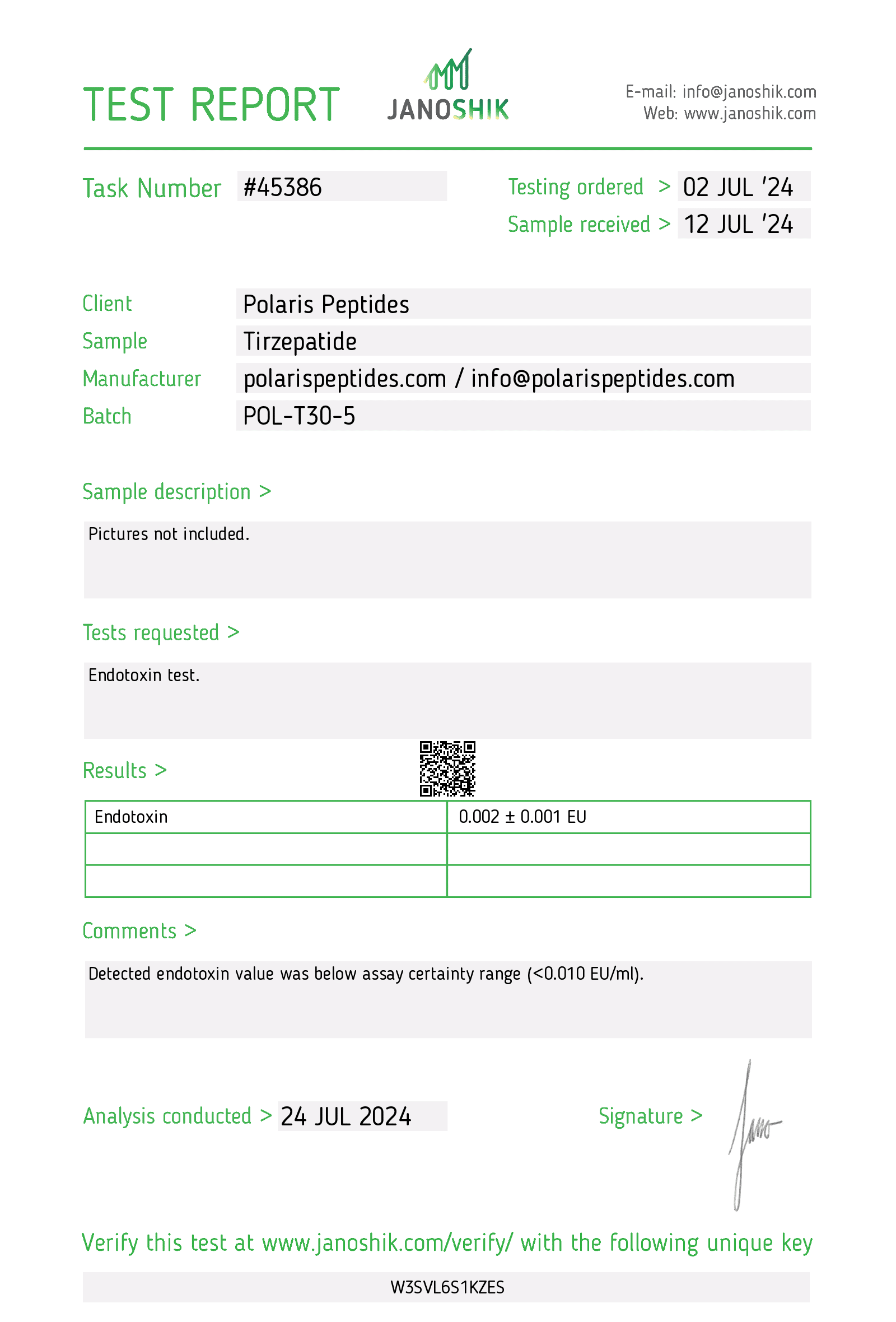 Certificate of Analysis for Tirzepatide 30mg from Polaris Peptides