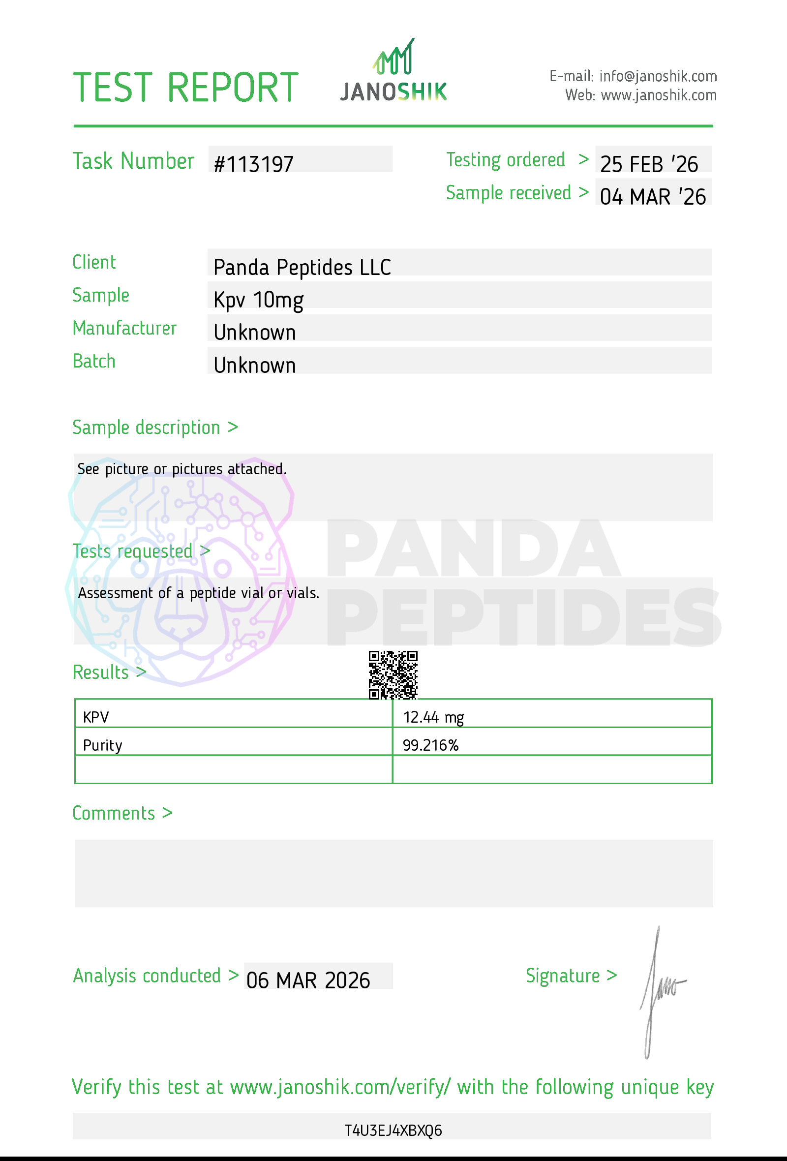 Certificate of Analysis for KPV 10mg from Panda Peptides