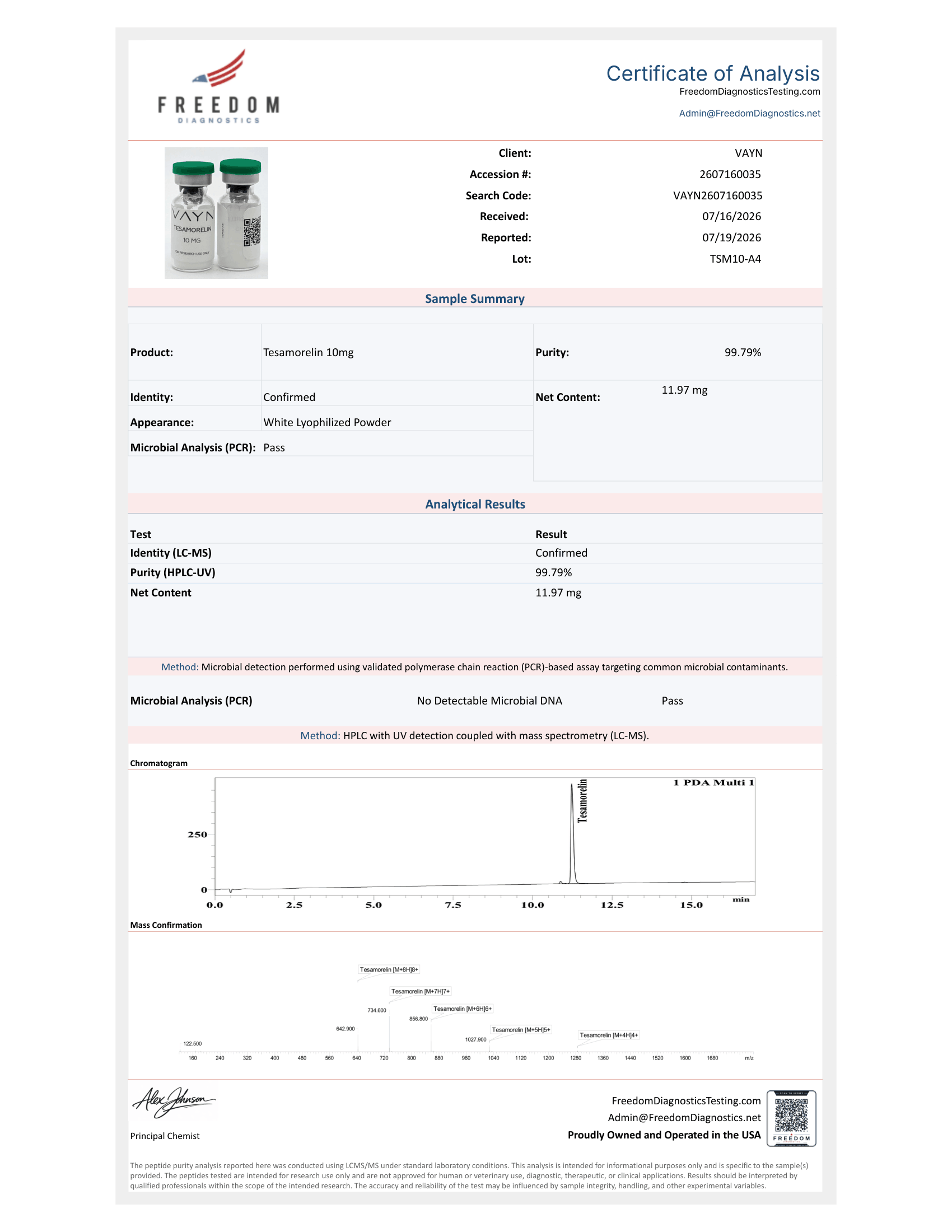 Certificate of Analysis for Tesamorelin 10mg from VAYN