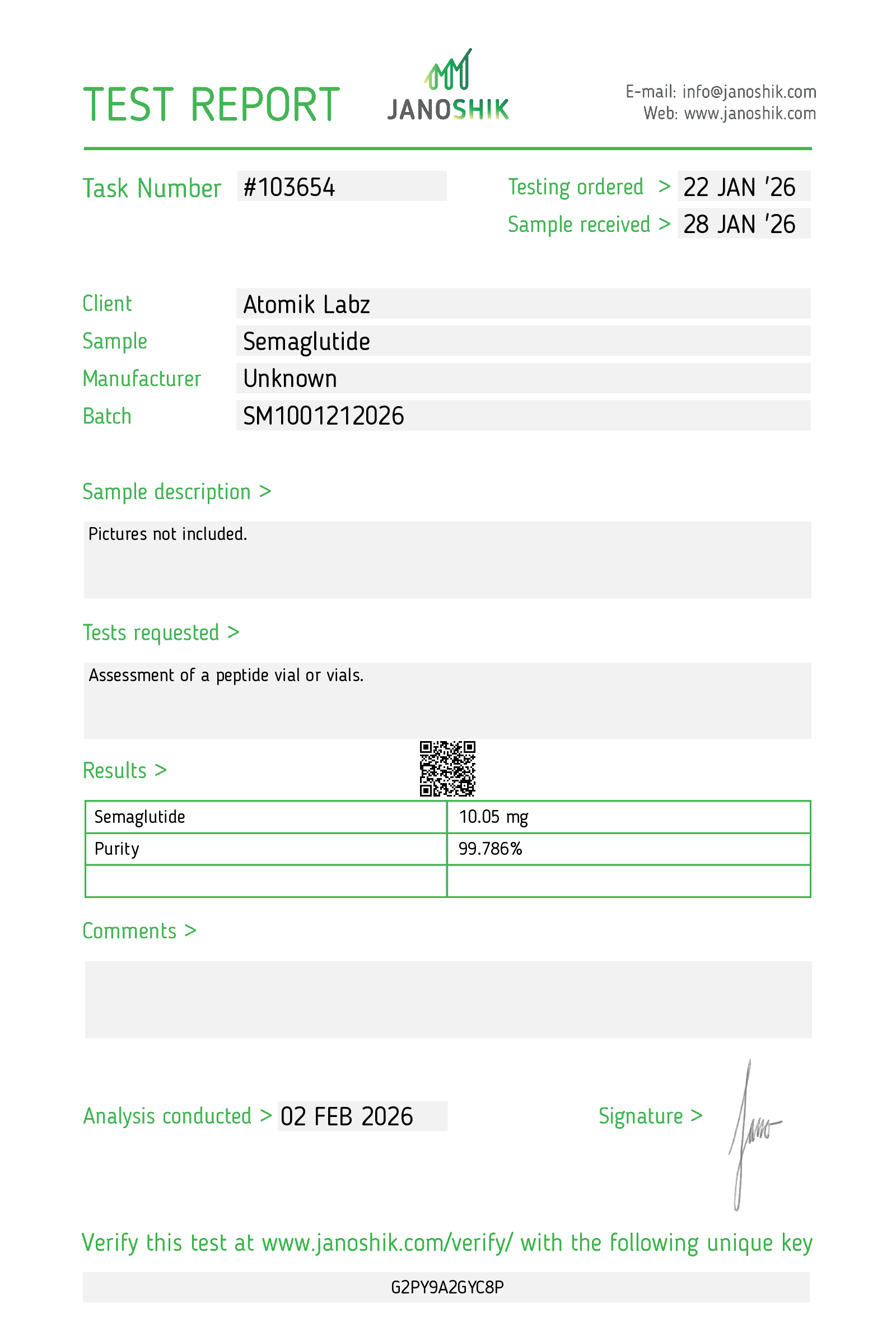 Certificate of Analysis for Semaglutide from Atomik Labz