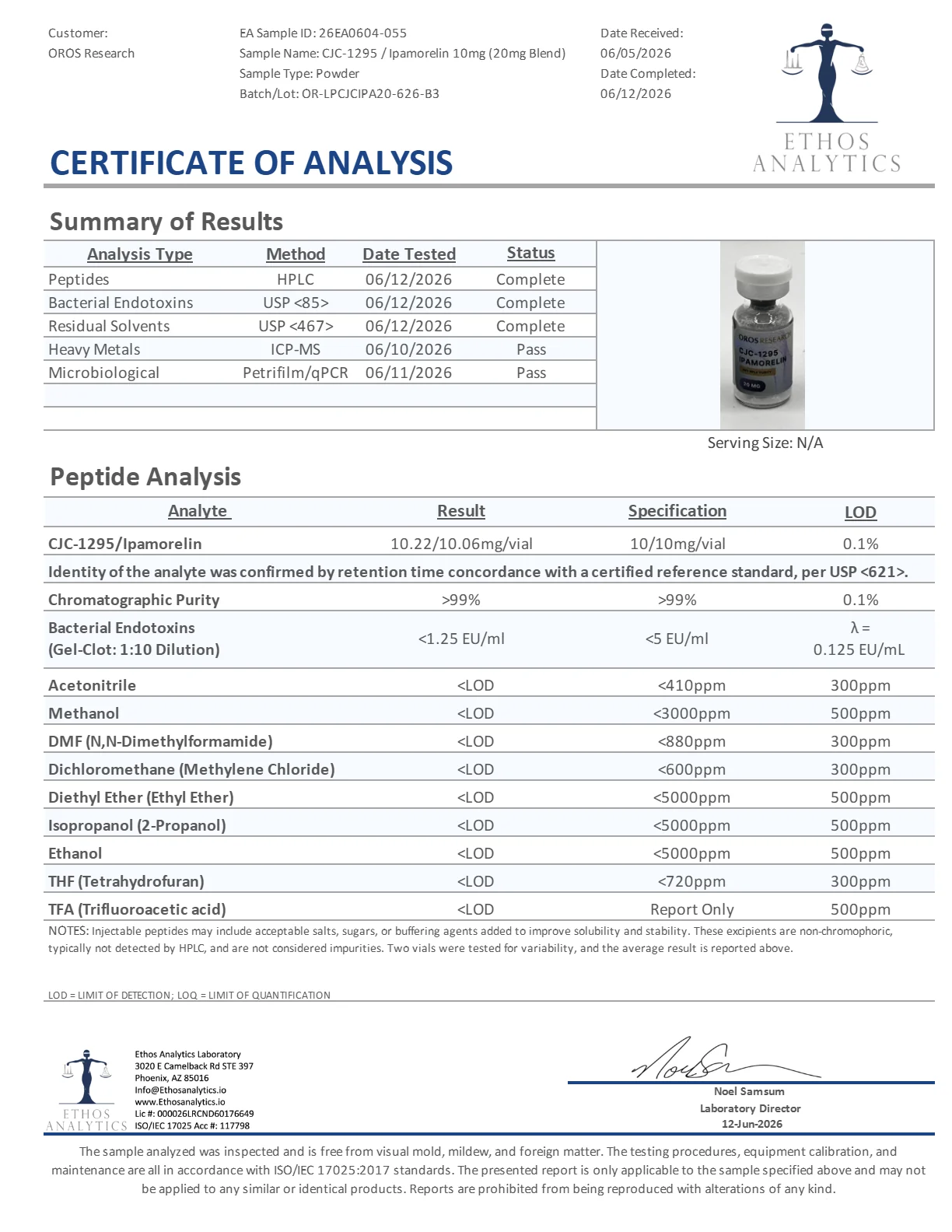 Certificate of Analysis for CJC-1295 / Ipamorelin from Oros Research