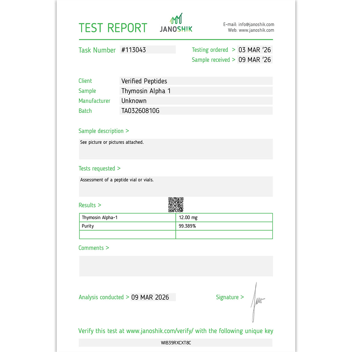 Certificate of Analysis for Thymosin Alpha-1 Peptide (10MG) from Verified Peptides