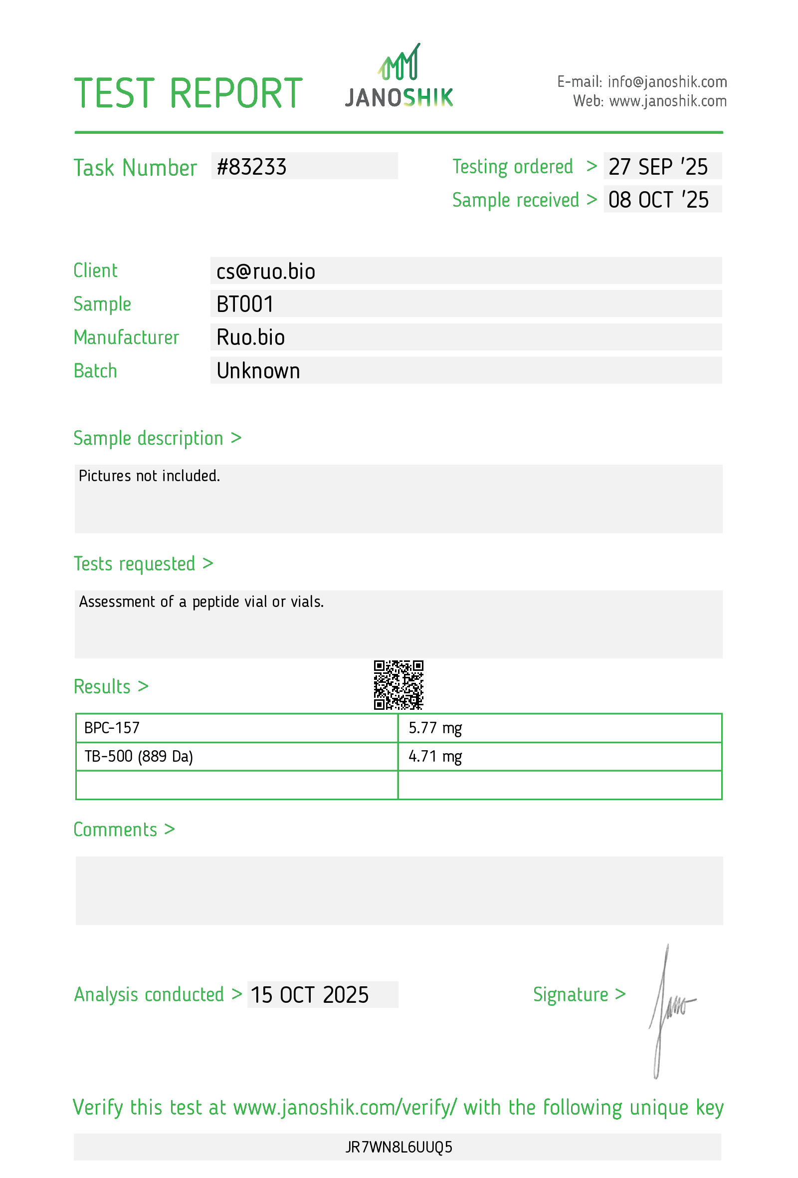 Certificate of Analysis for BPC-157 (5mg) from RUO