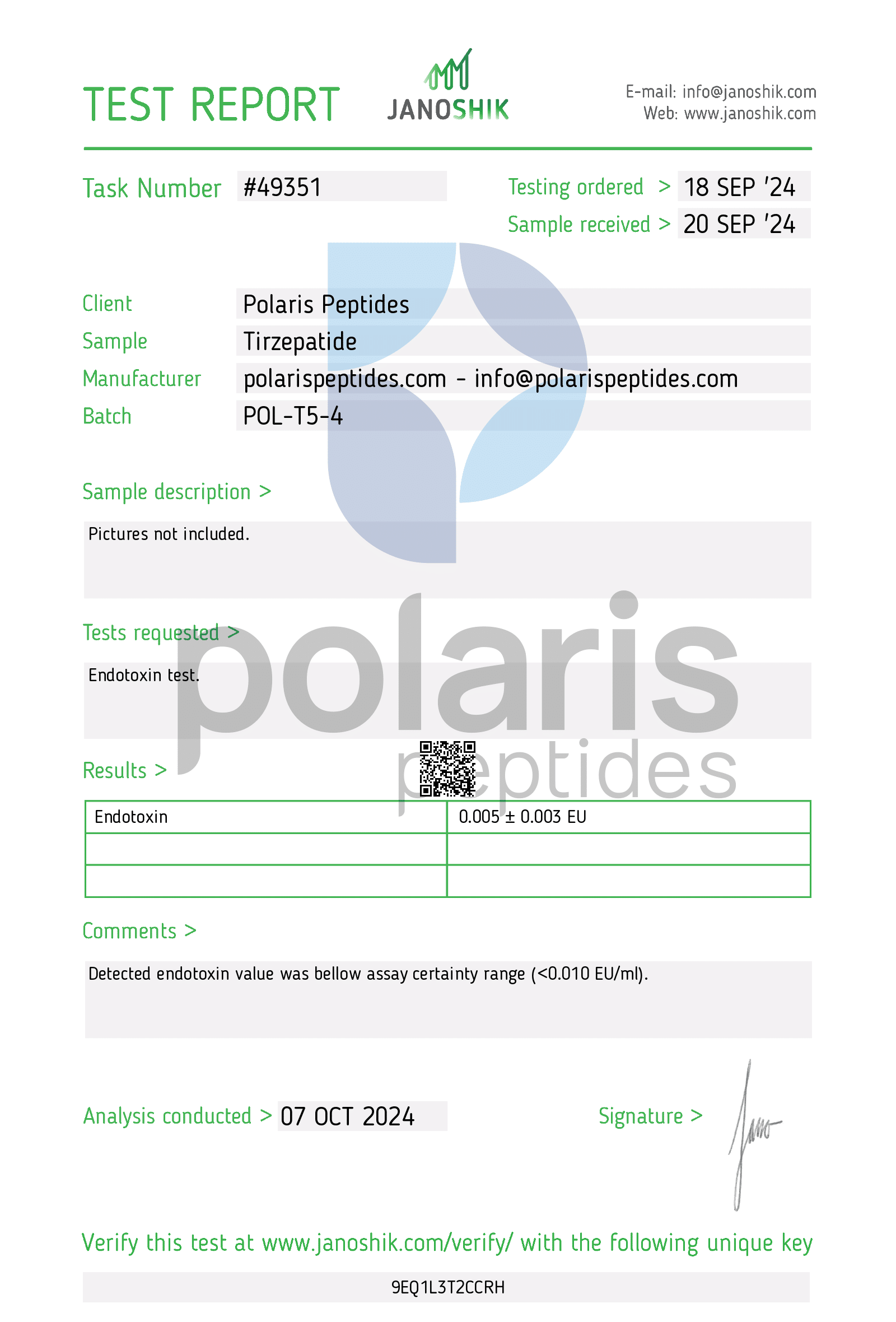 Certificate of Analysis for Tirzepatide 5mg from Polaris Peptides
