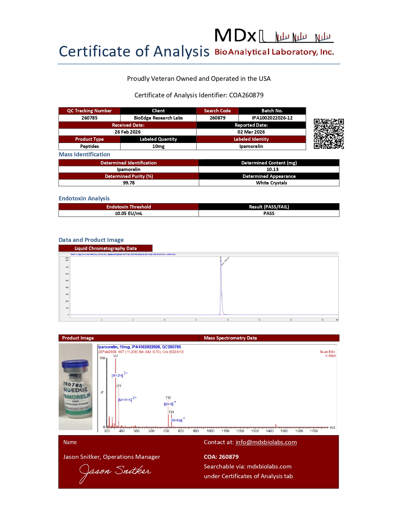 Certificate of Analysis for Ipamorelin (10mg) from BioEdge Research Labs