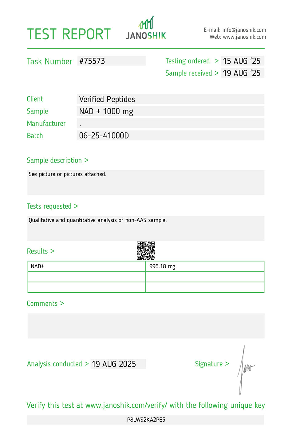 Certificate of Analysis for Pack: NAD+ Glutathione from Verified Peptides