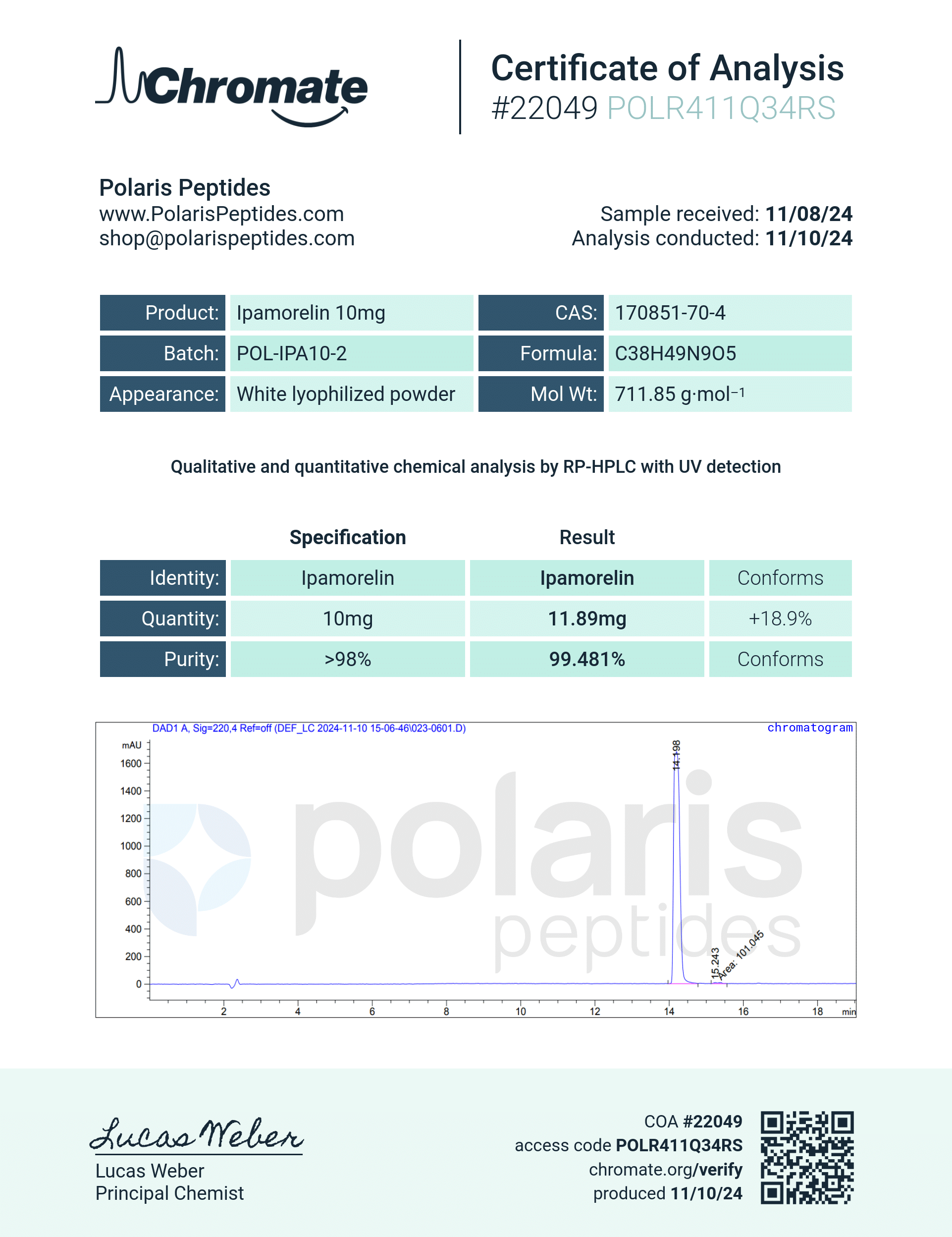 Certificate of Analysis for Ipamorelin 10mg from Polaris Peptides