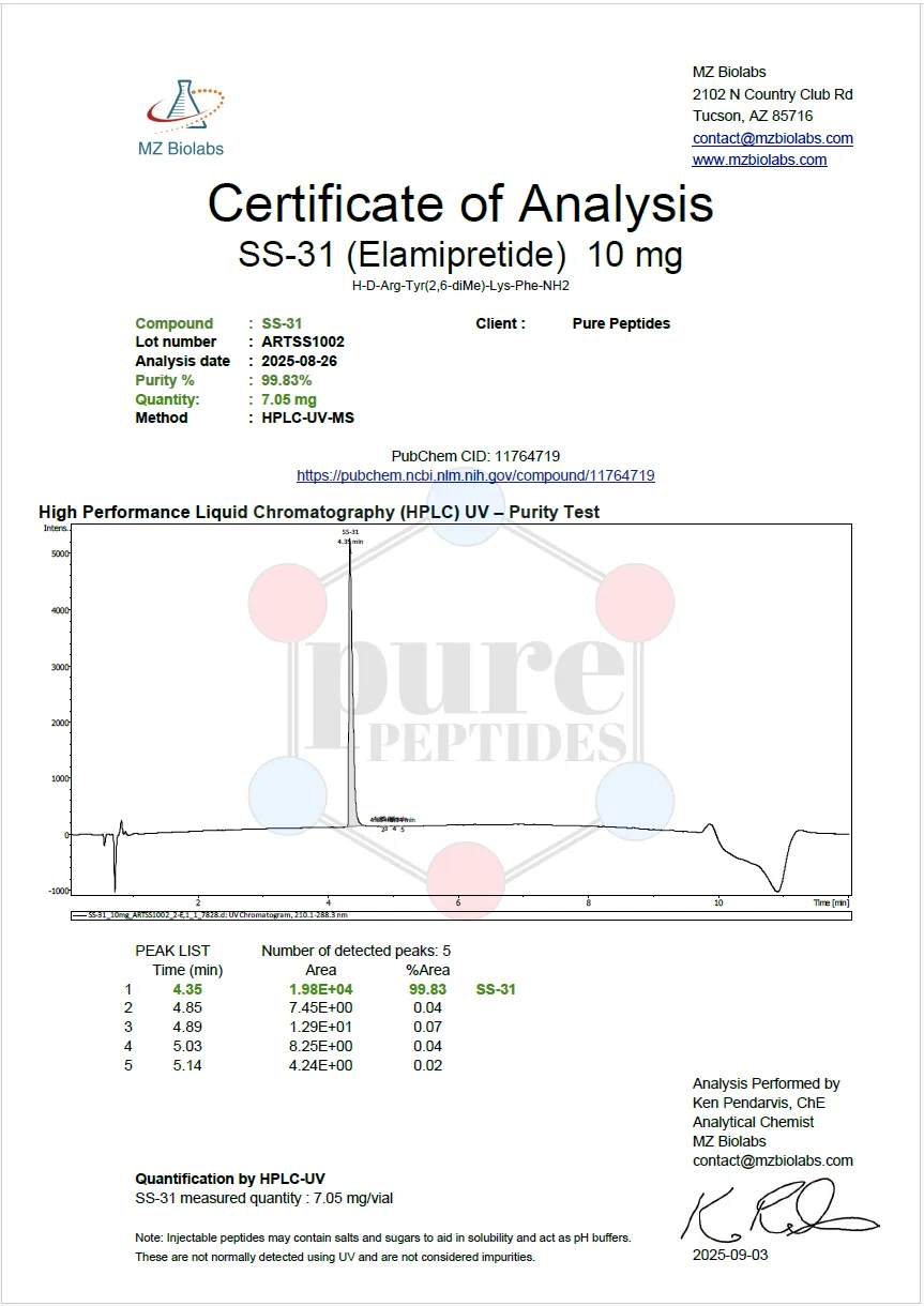 Certificate of Analysis for SS 31 from Pure Peptides Bio