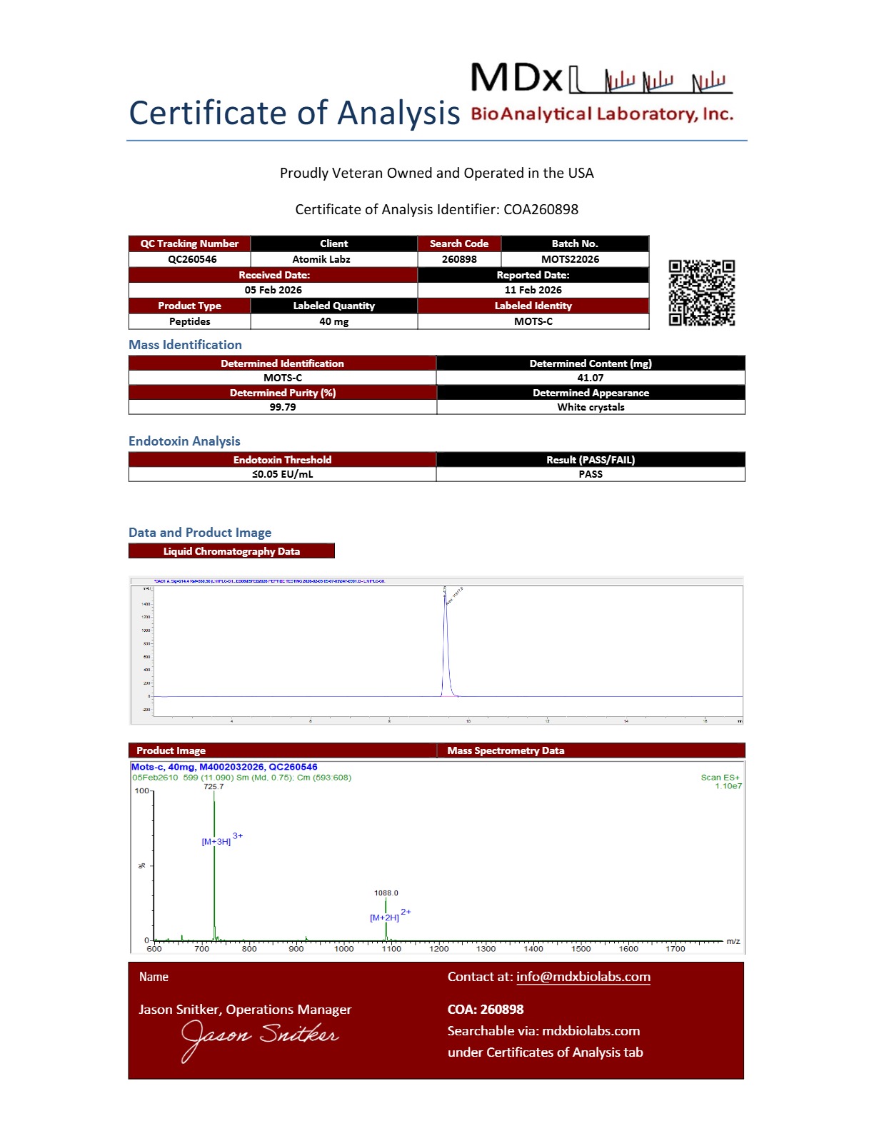 Certificate of Analysis for MOTS-c from Atomik Labz