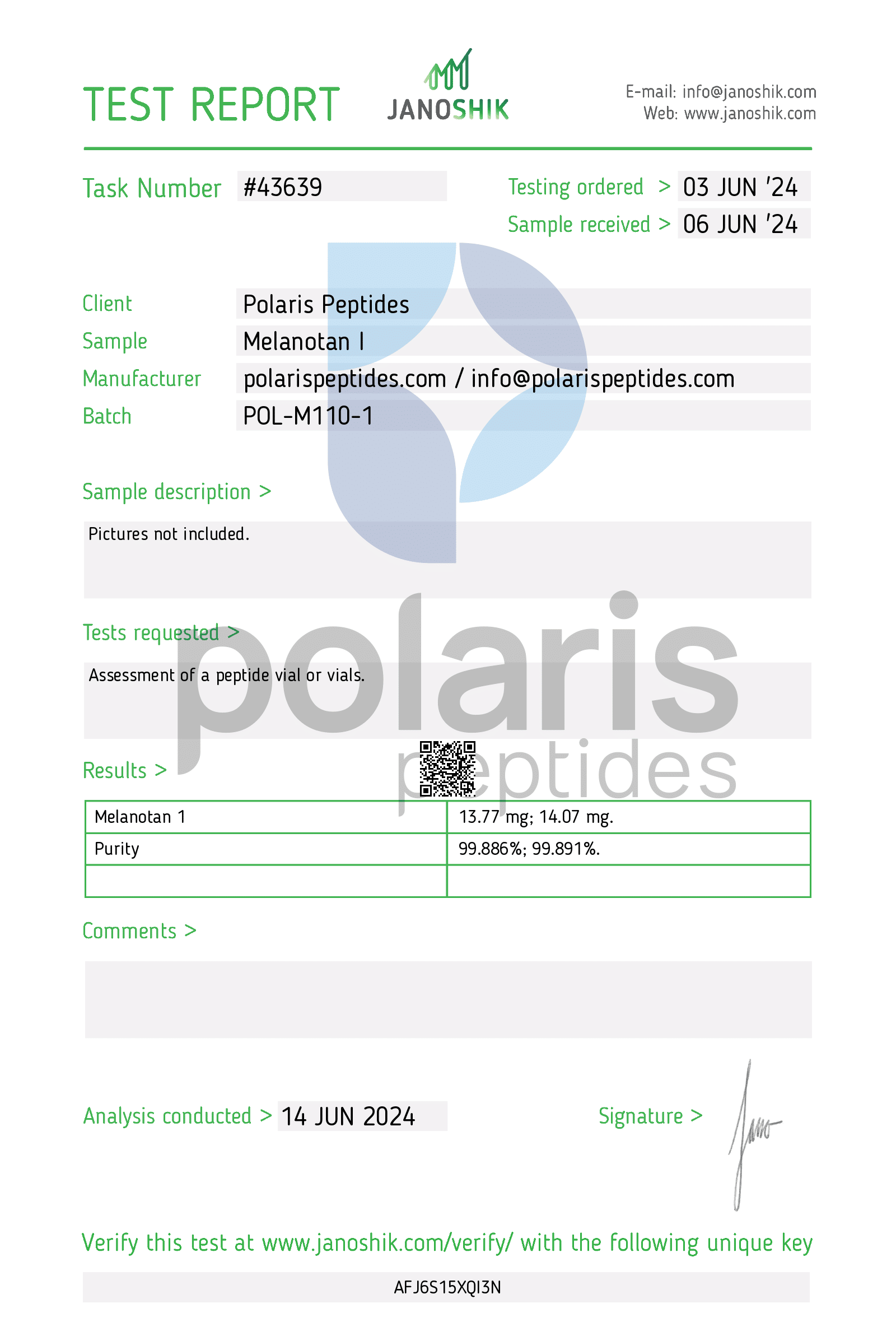 Certificate of Analysis for Melanotan I 13mg from Polaris Peptides
