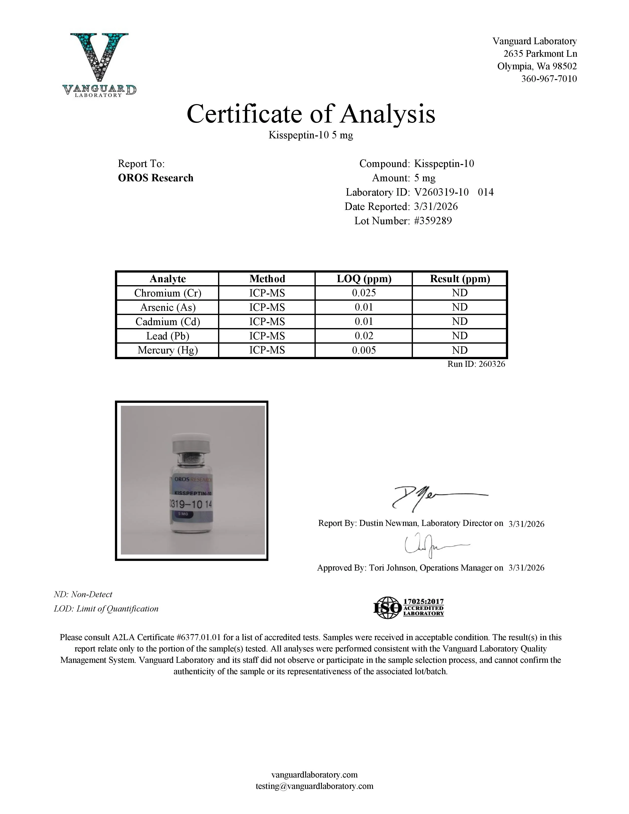 Certificate of Analysis for Kisspeptin-10 from Oros Research