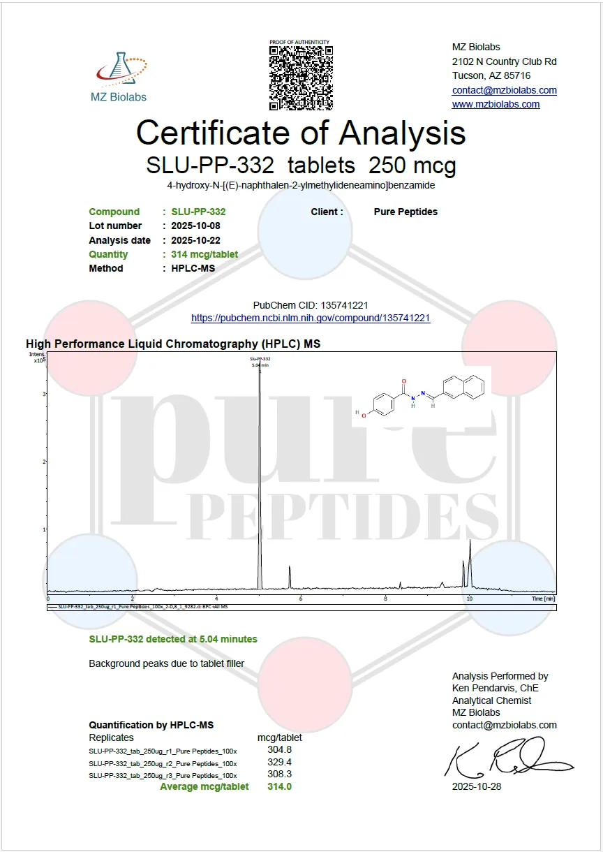 Certificate of Analysis for SLU PP 332 TABLETS from Pure Peptides Bio