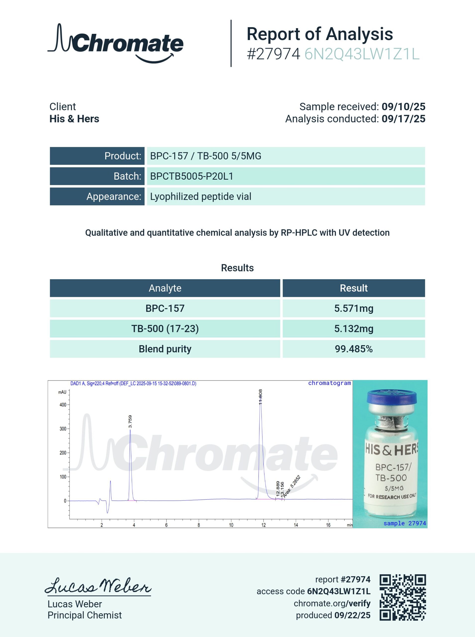 Certificate of Analysis for BPC-157 5mg + TB-500 5mg from VAYN
