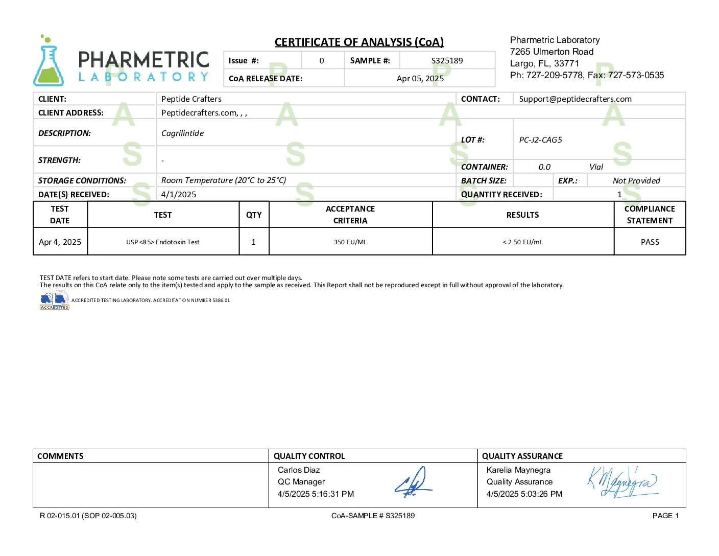 Certificate of Analysis for Cagrilintide (5mg) from Peptide Crafters