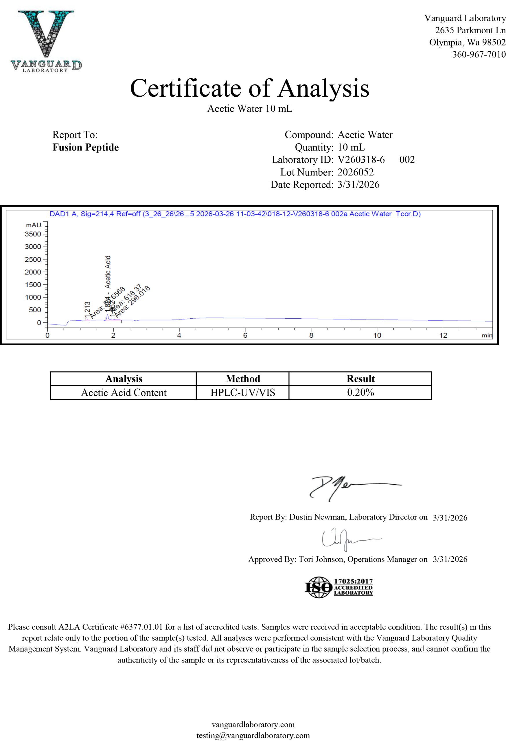 Certificate of Analysis for Acetic Water 10ml from TCore Biotech