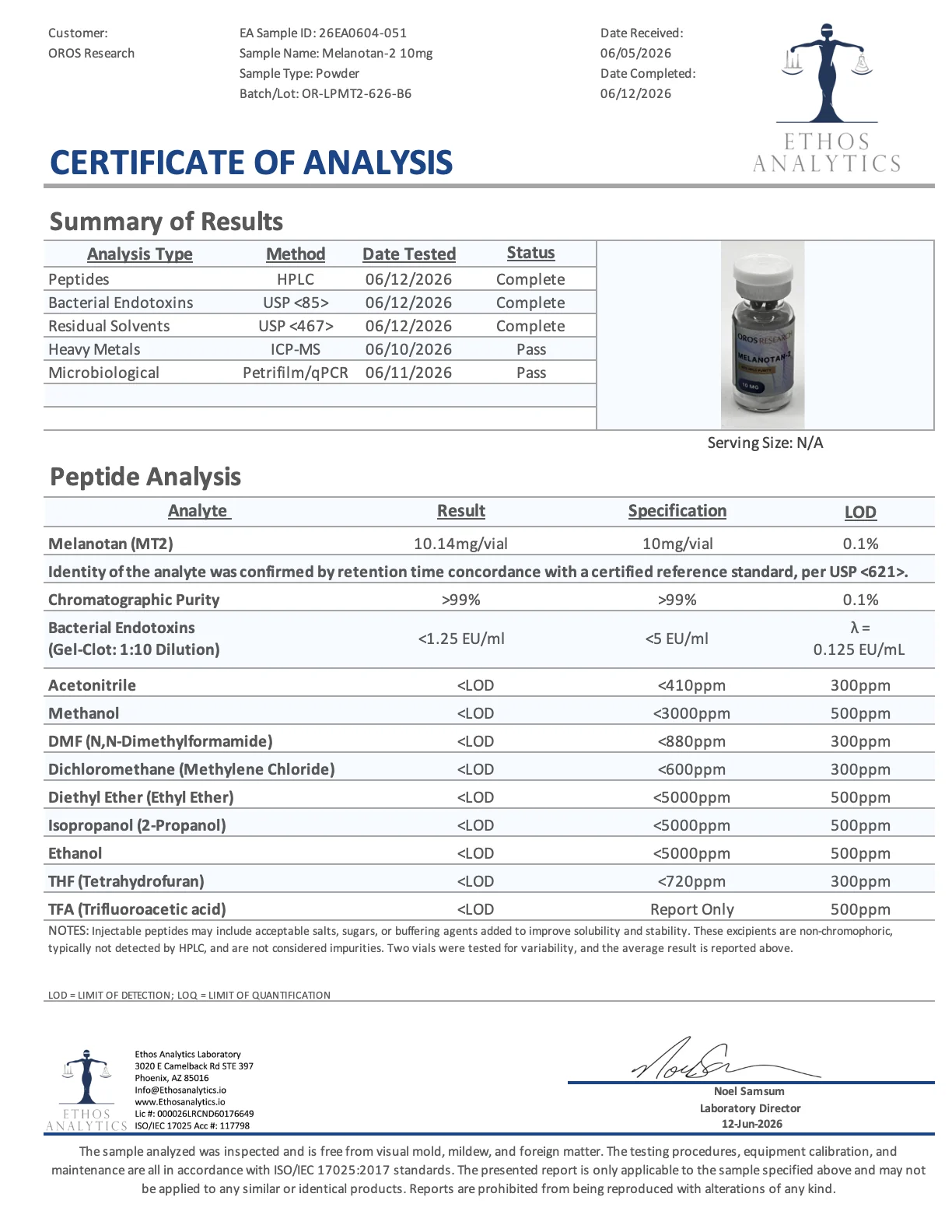 Certificate of Analysis for Melanotan-2 from Oros Research