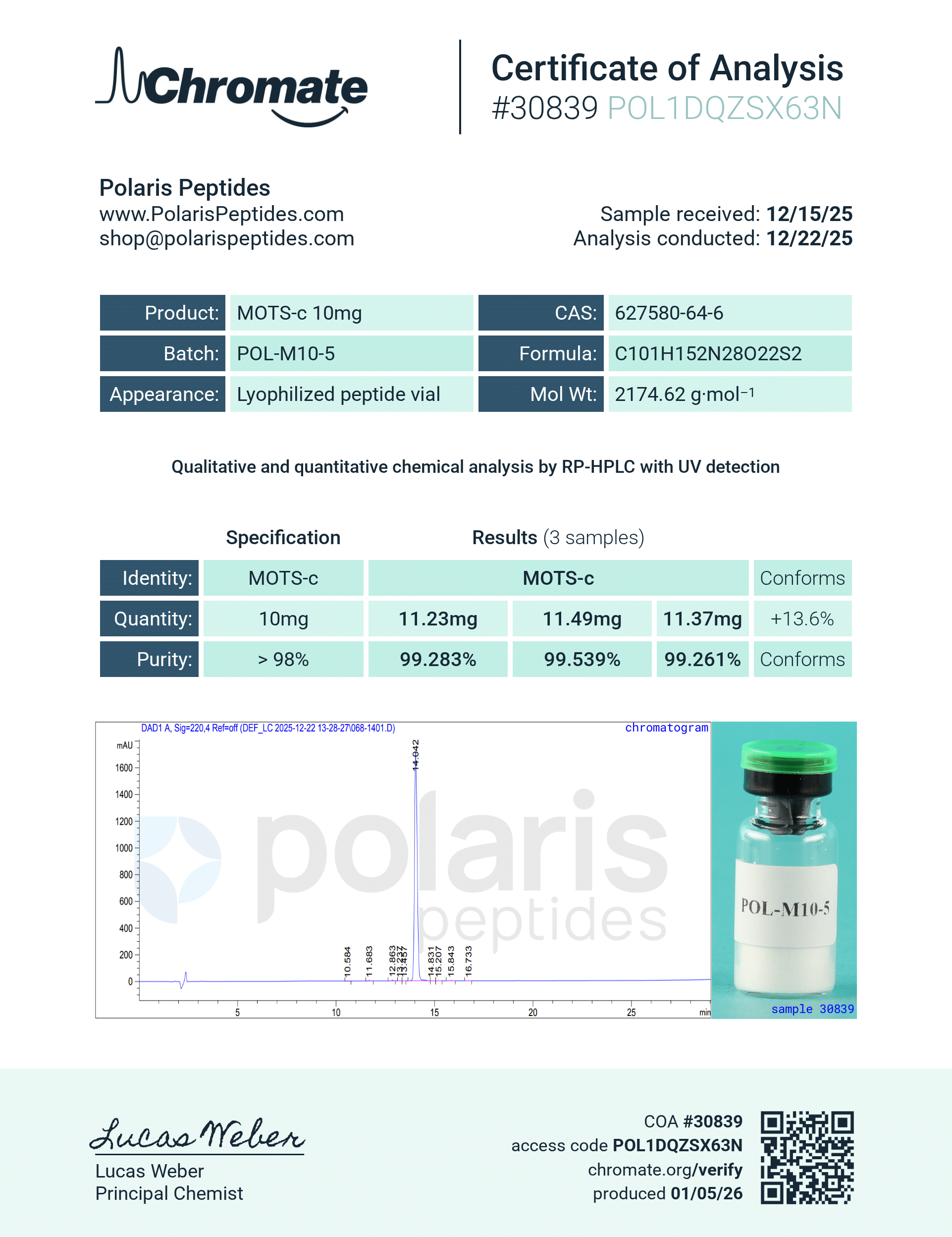 Certificate of Analysis for MOTS-C 10mg from Polaris Peptides