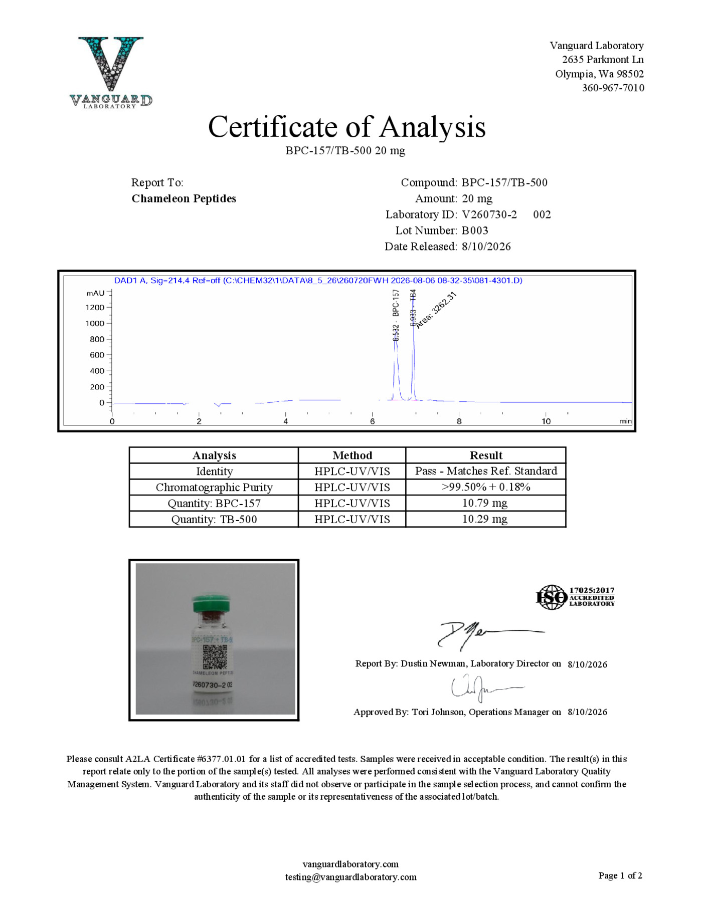 Certificate of Analysis for BPC-157/TB-500 from Chameleon Peptides