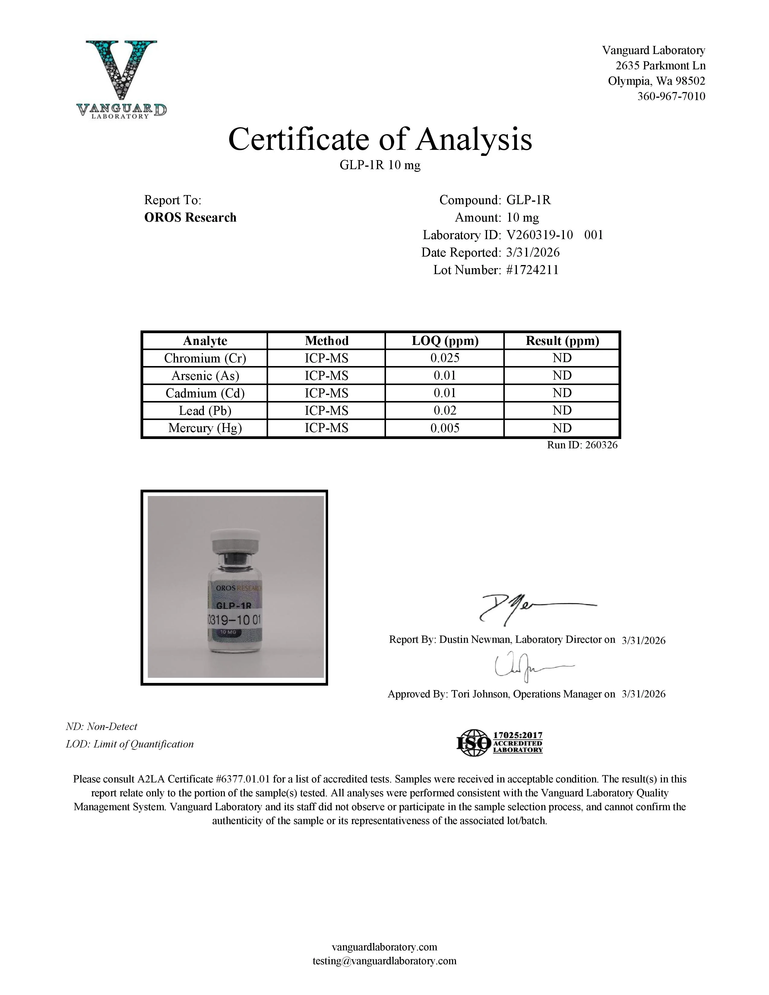 Certificate of Analysis for GLP-1R (Reta) from Oros Research