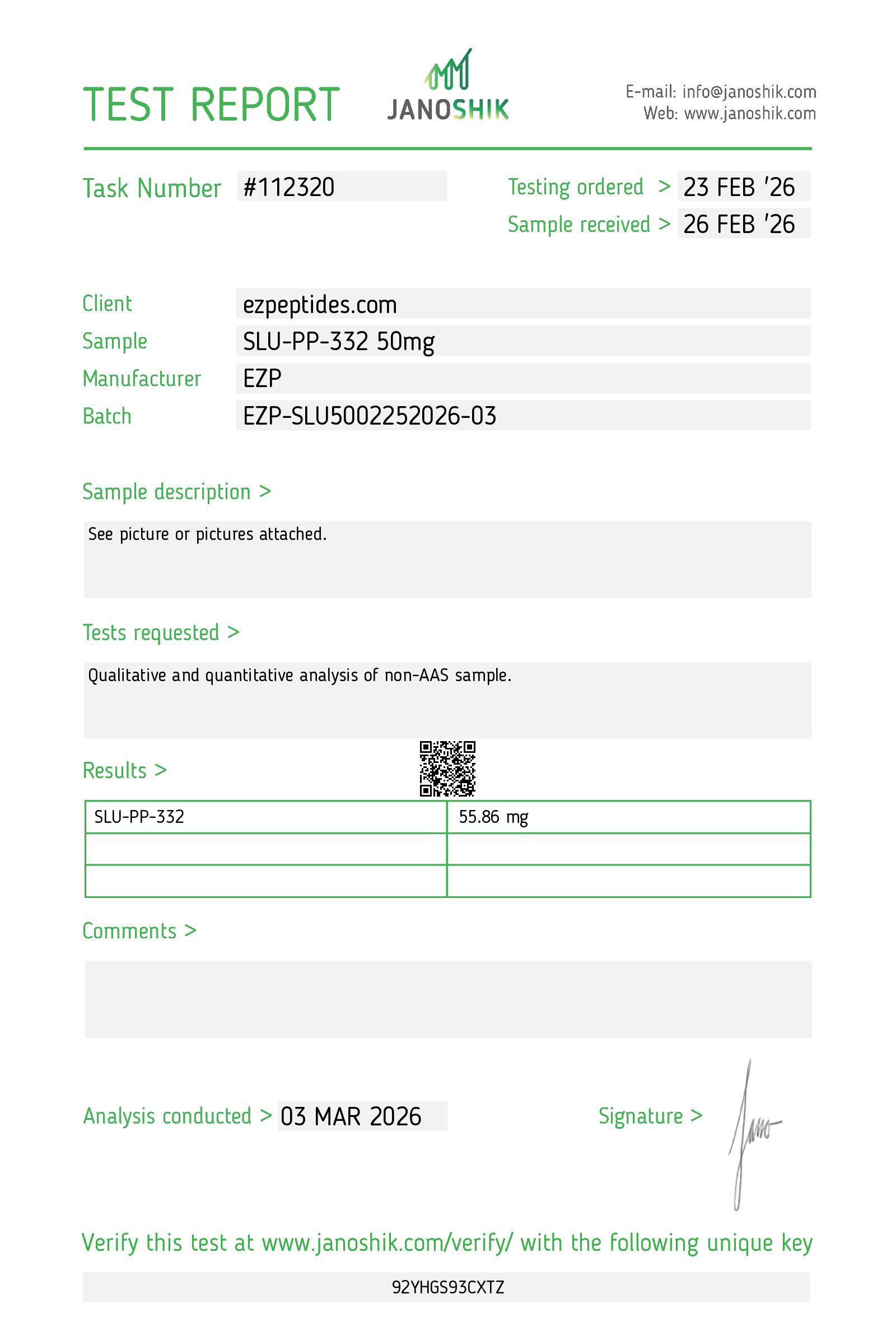 Certificate of Analysis for SLU-PP-332 50mg (100 tabs/bottle) from EZ Peptides